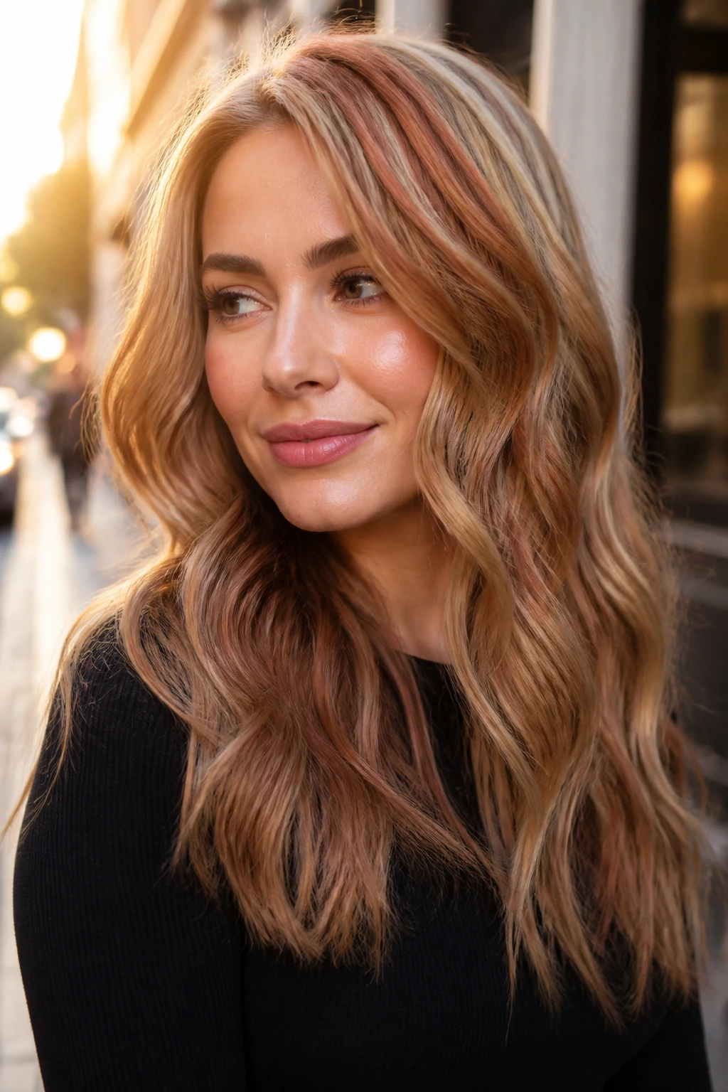 Close-up of a real woman with sandstone base and cinnamon pieces in wavy hair