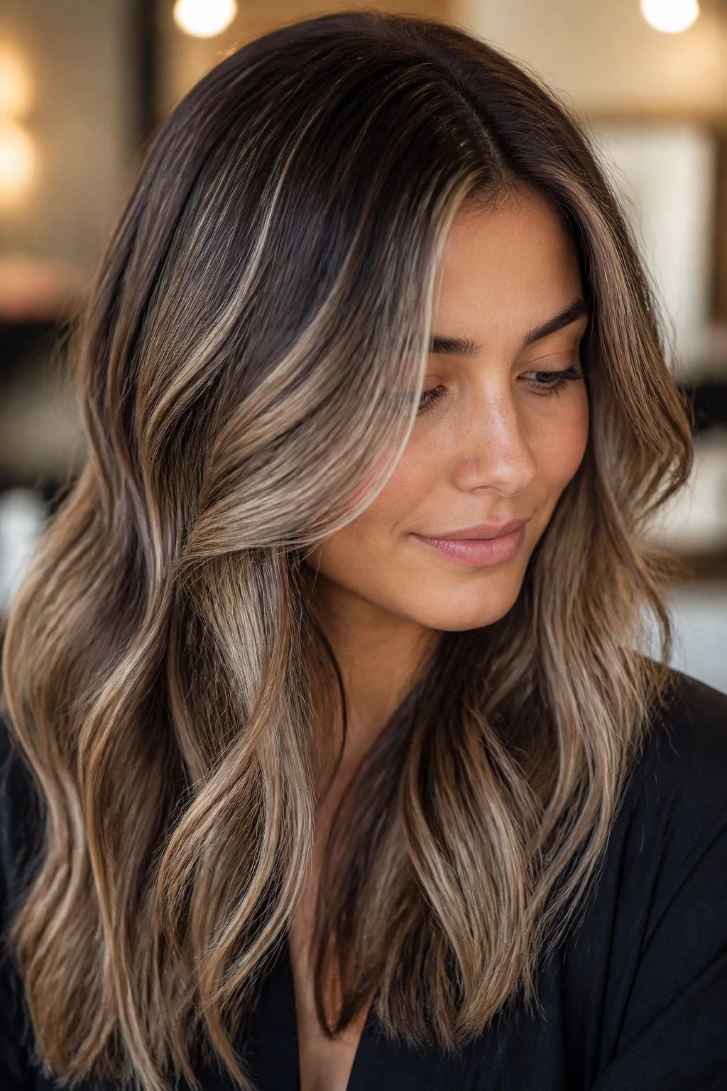 Close-up of a real woman with sandstone foilayage showing light through the length against a brunette base.