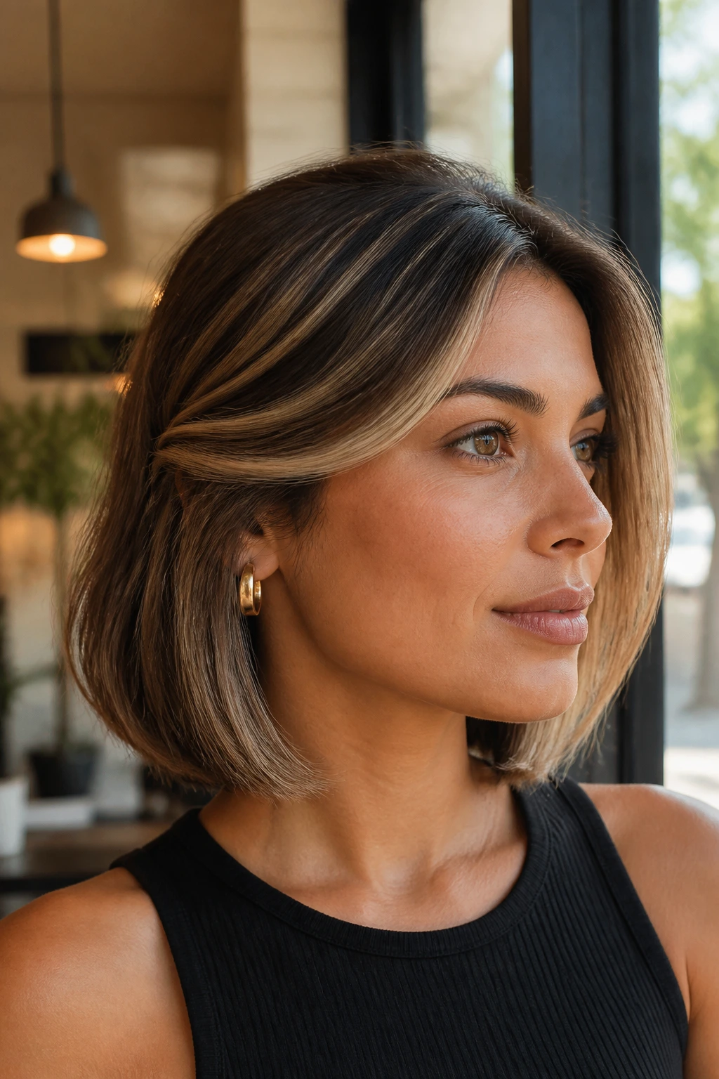 Close-up of a real person with tucked-back bob and sandstone highlights near the front
