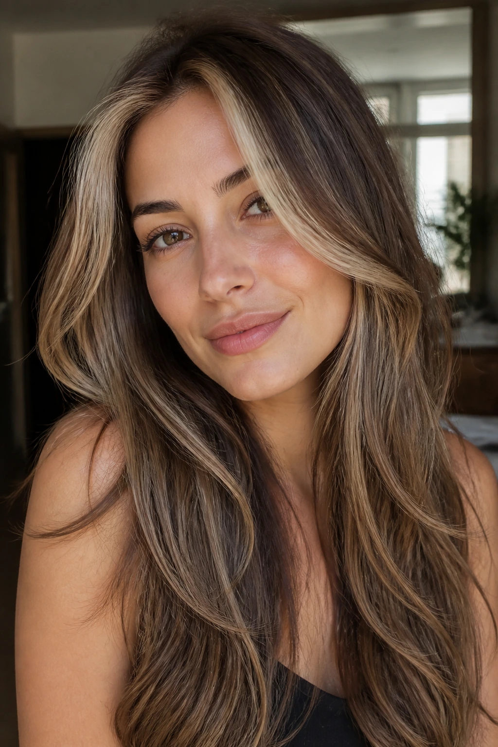 Brunette with sandstone money piece on long layers in cozy home lighting