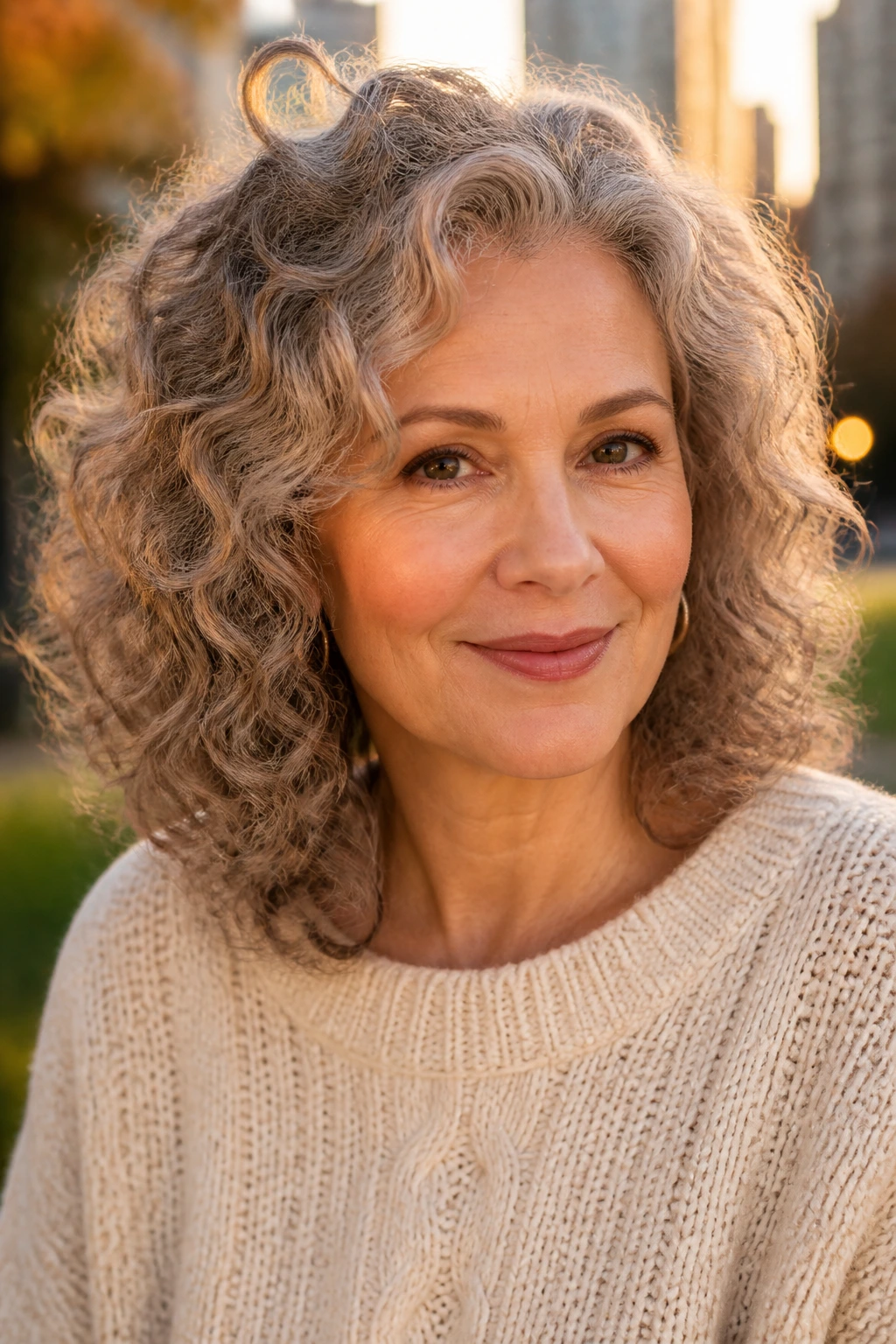 Portrait of a woman with sandstone smoke hair in a city park