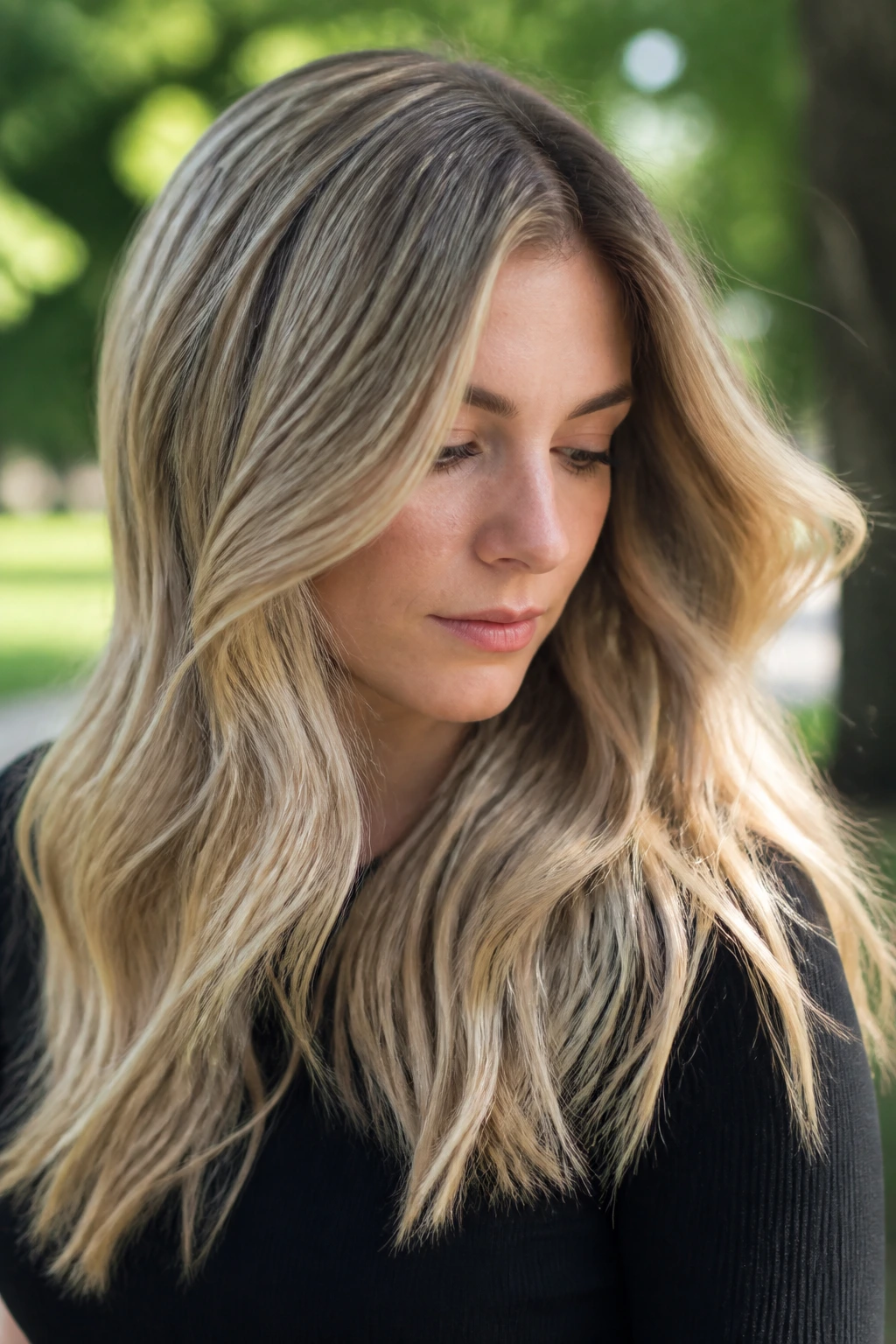 Portrait of a real woman with sandy ash balayage and a cool, matte-gloss finish.