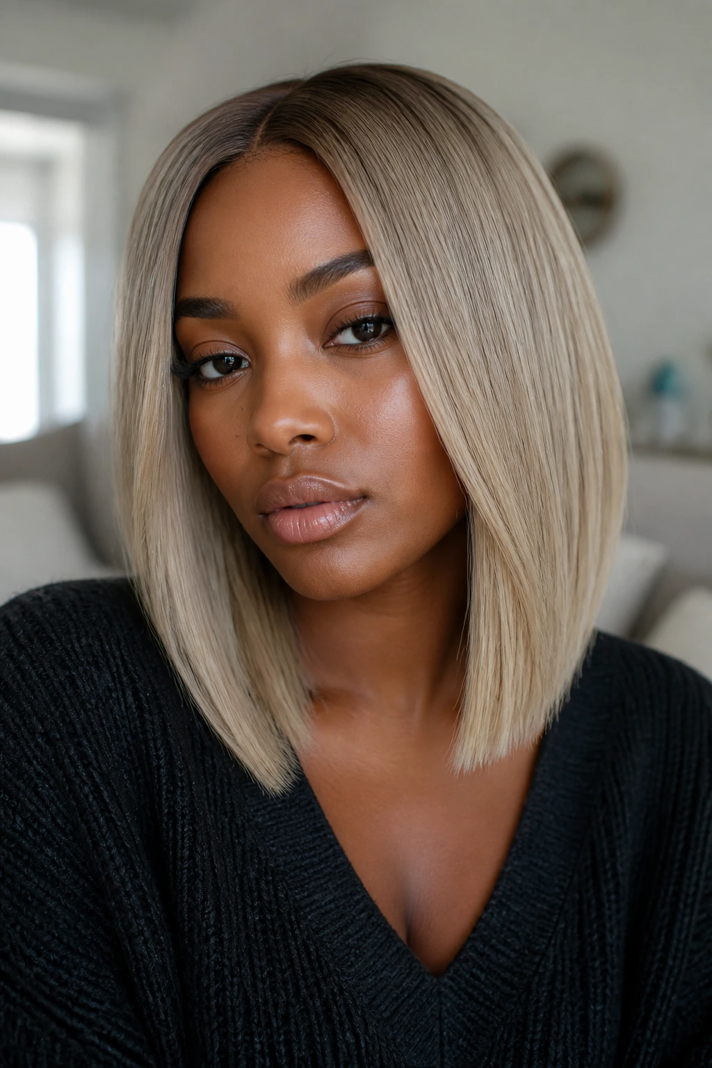 Close-up of a woman with sandy ash lob and center part framing her face