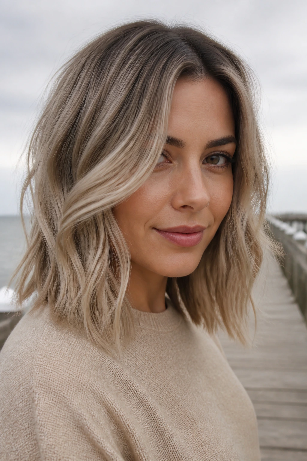 Real woman with sandy ash lob hairstyle on an overcast beach boardwalk.