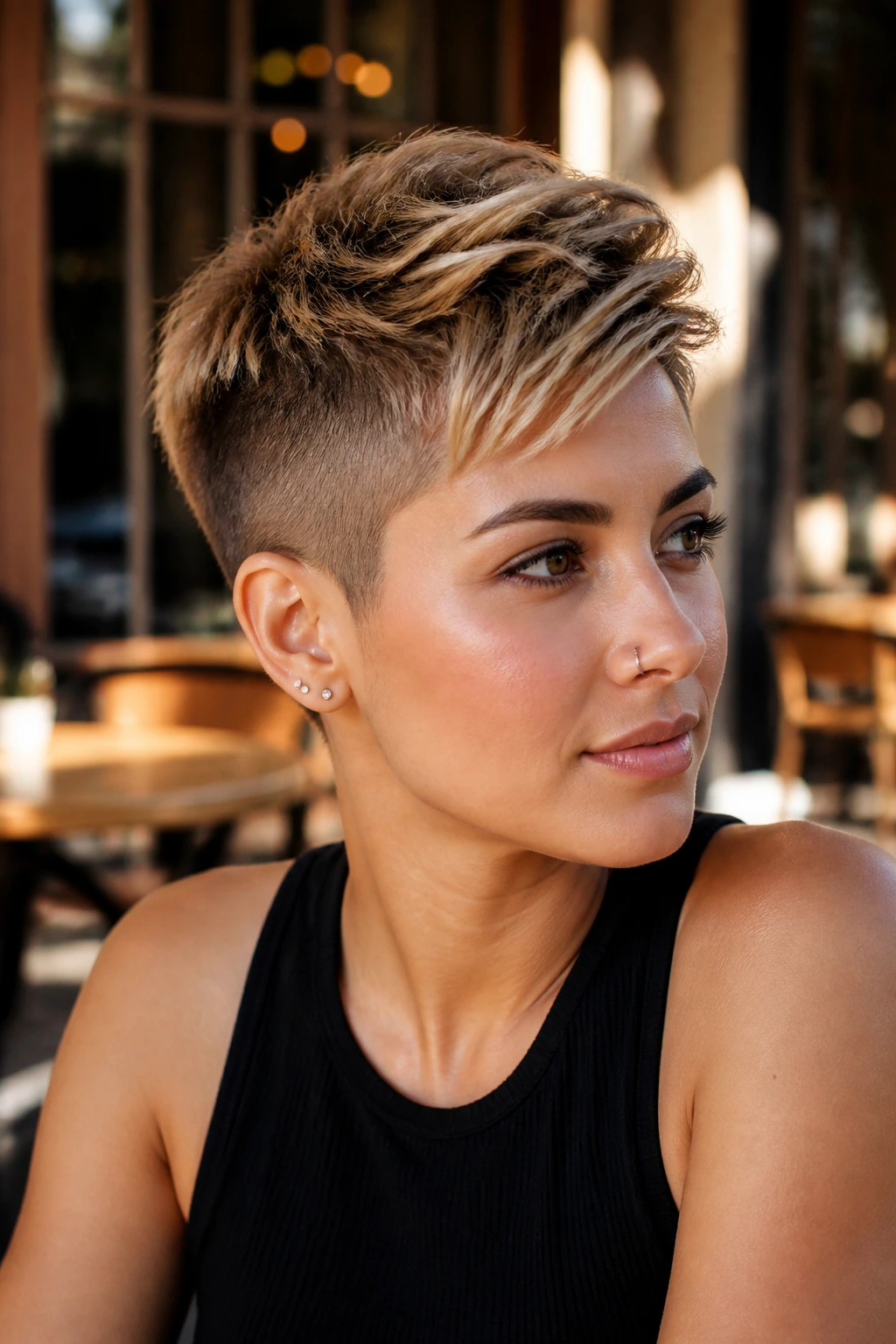 Close-up of a real person with Sandy Undercut Crop featuring sandy balayage on top and shaved sides in a sunlit cafe