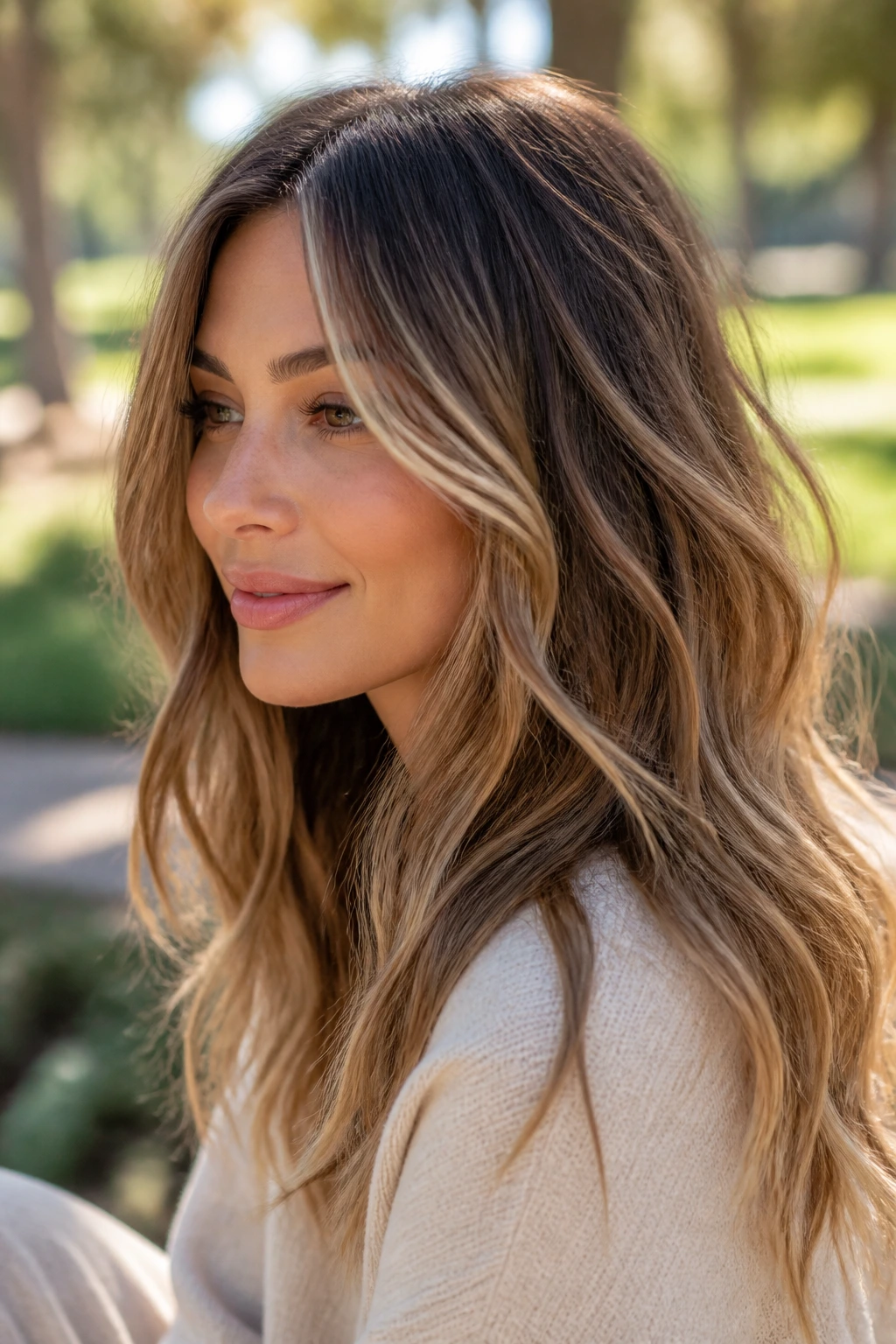 Brunette hair with sandy beige balayage in natural daylight outdoors