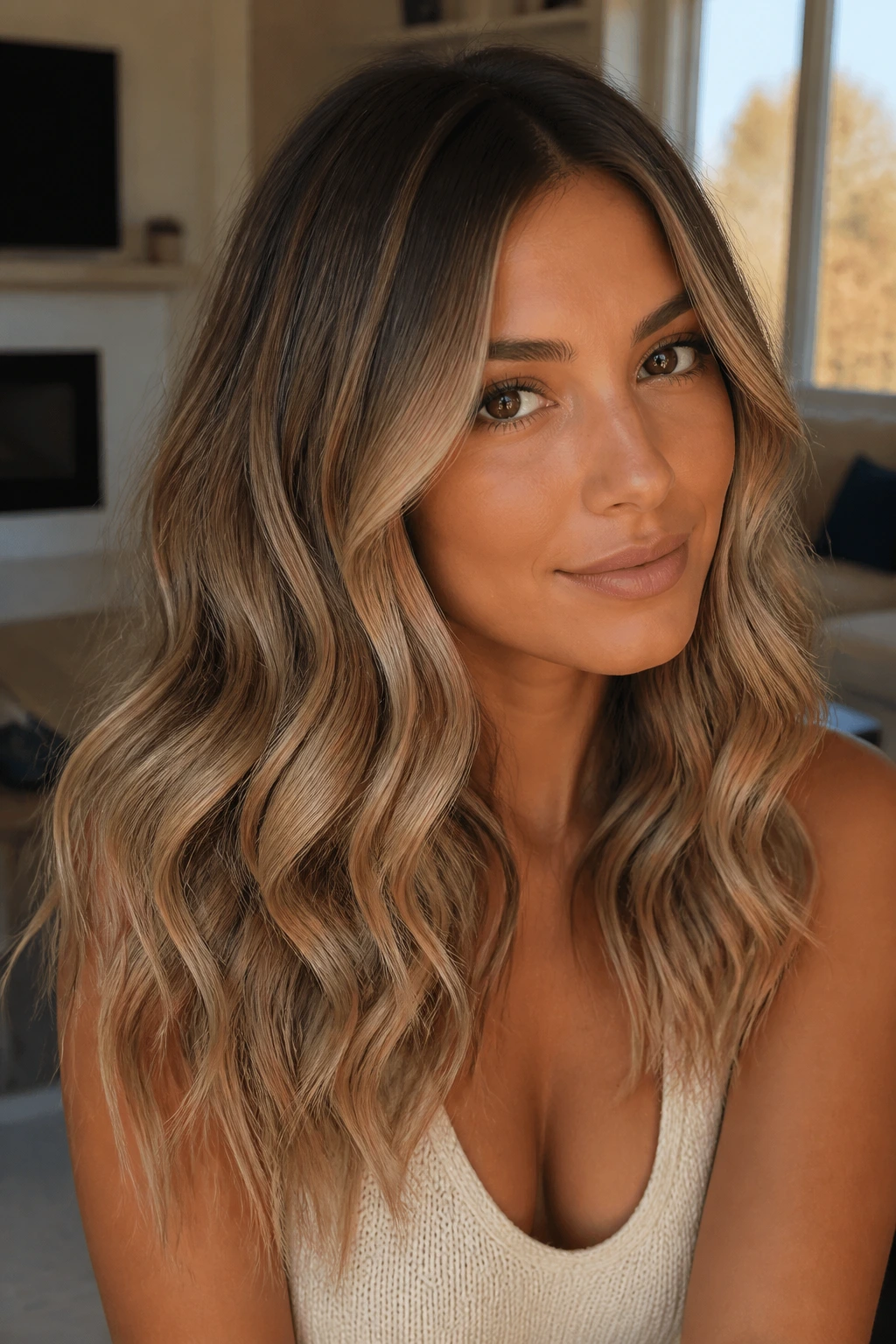 Close-up portrait of a real woman with sandy beige balayage on wavy hair