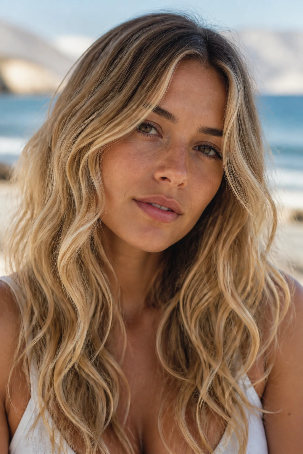 Close-up of a real person with sandy beige beach waves in outdoor light