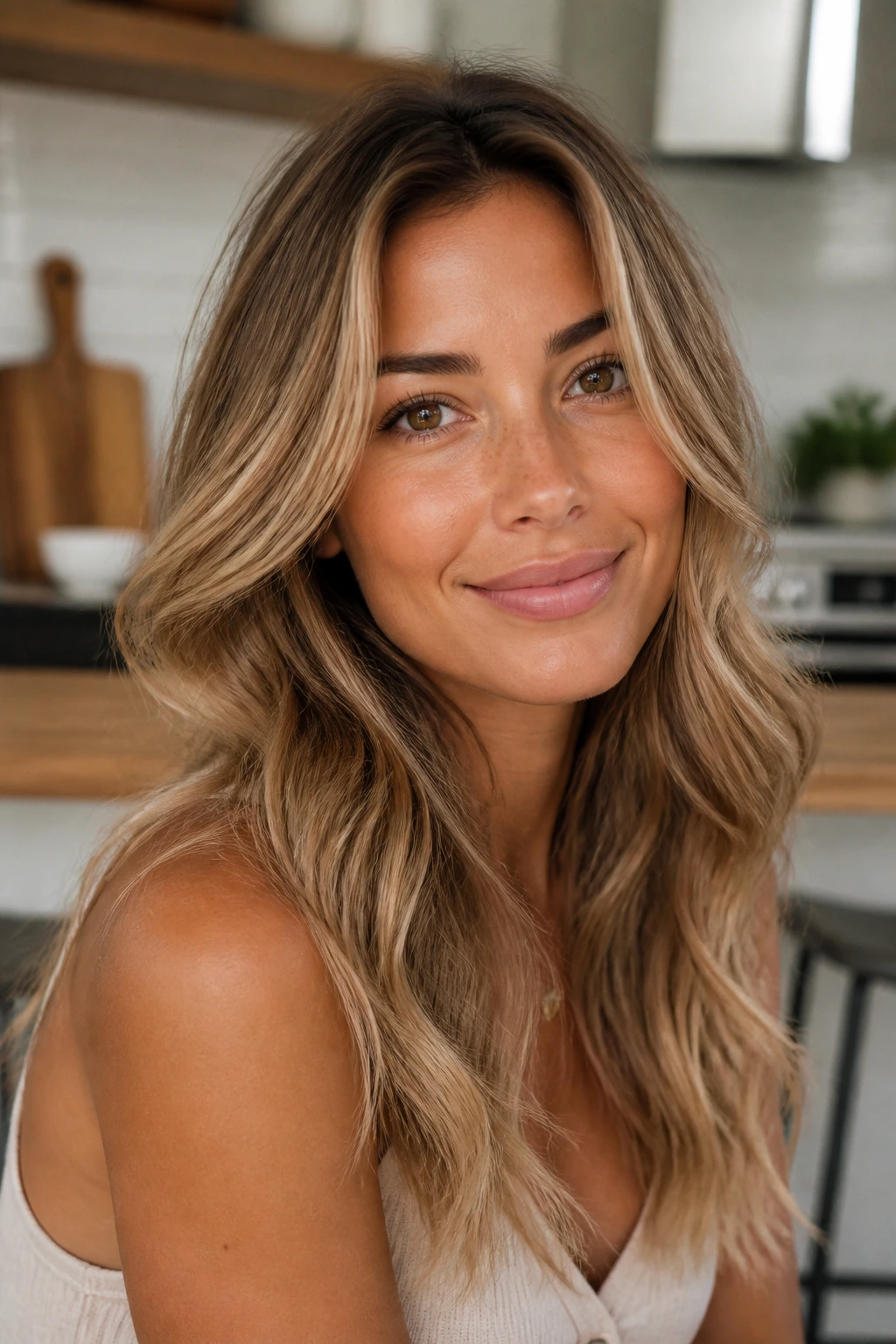Close-up portrait of a real woman with sandy beige blonde and warm lowlights in morning light