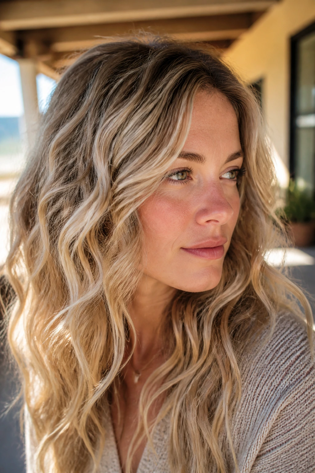 Close-up portrait of a real woman with sandy beige blonde hair and beachy waves