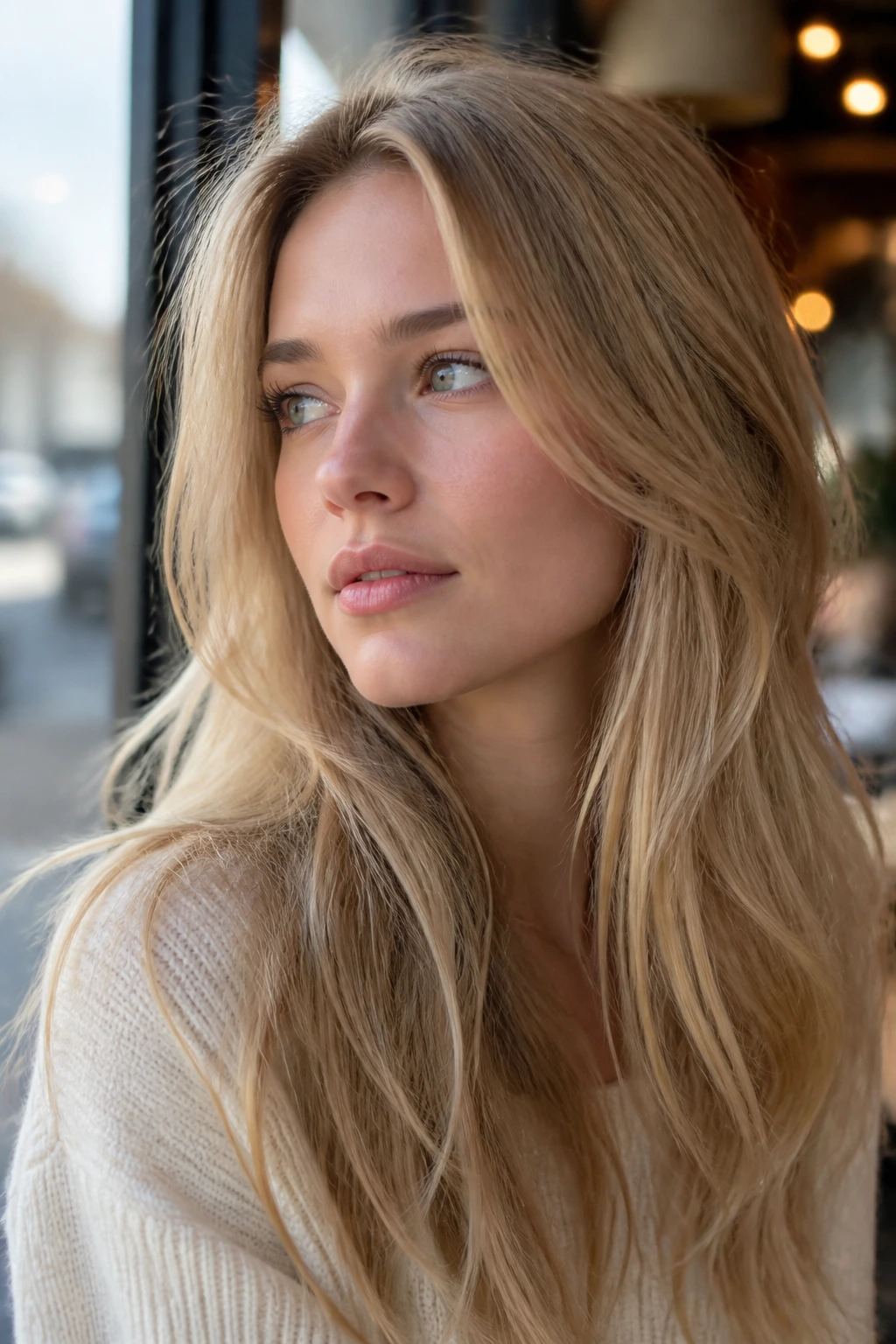 Close-up of a real woman with sandy beige blonde hair in cafe window light.