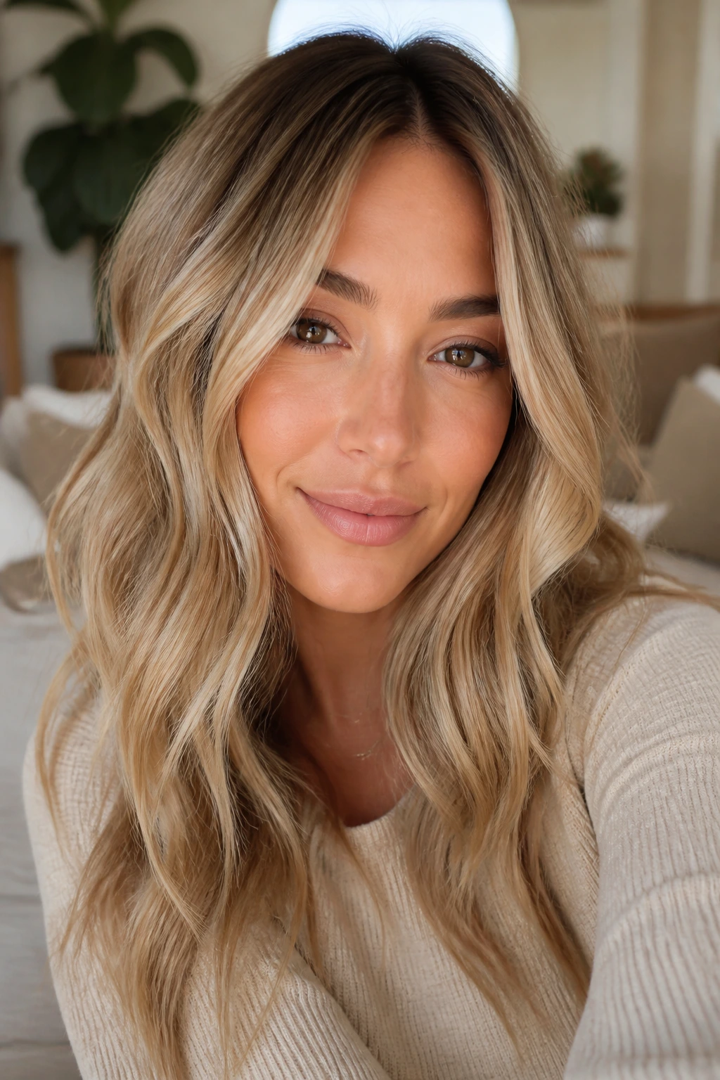 Close-up portrait of a real woman with sandy beige blonde hair and soft waves in warm light