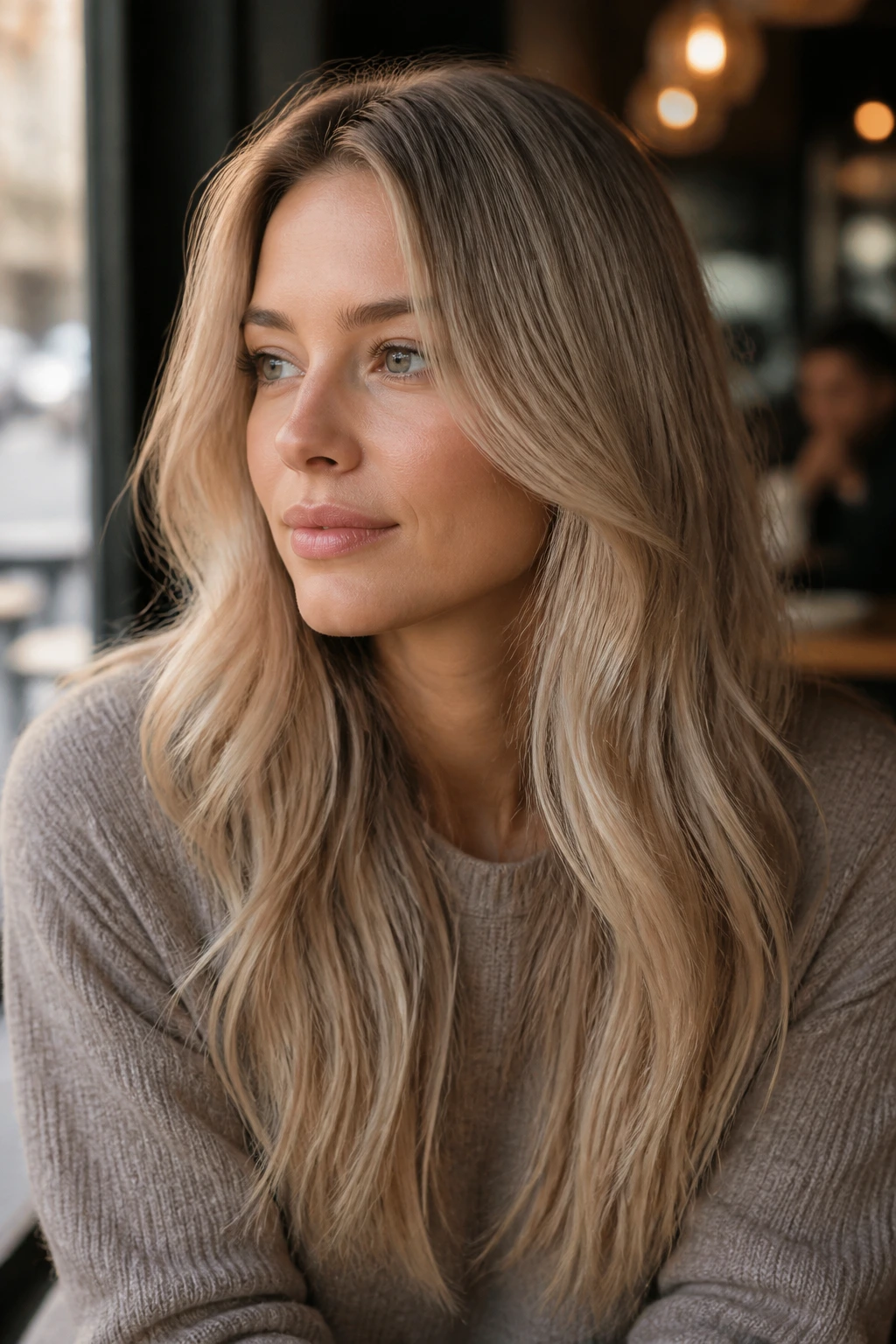 Close-up of a real woman with sandy beige blonde and neutral shine.