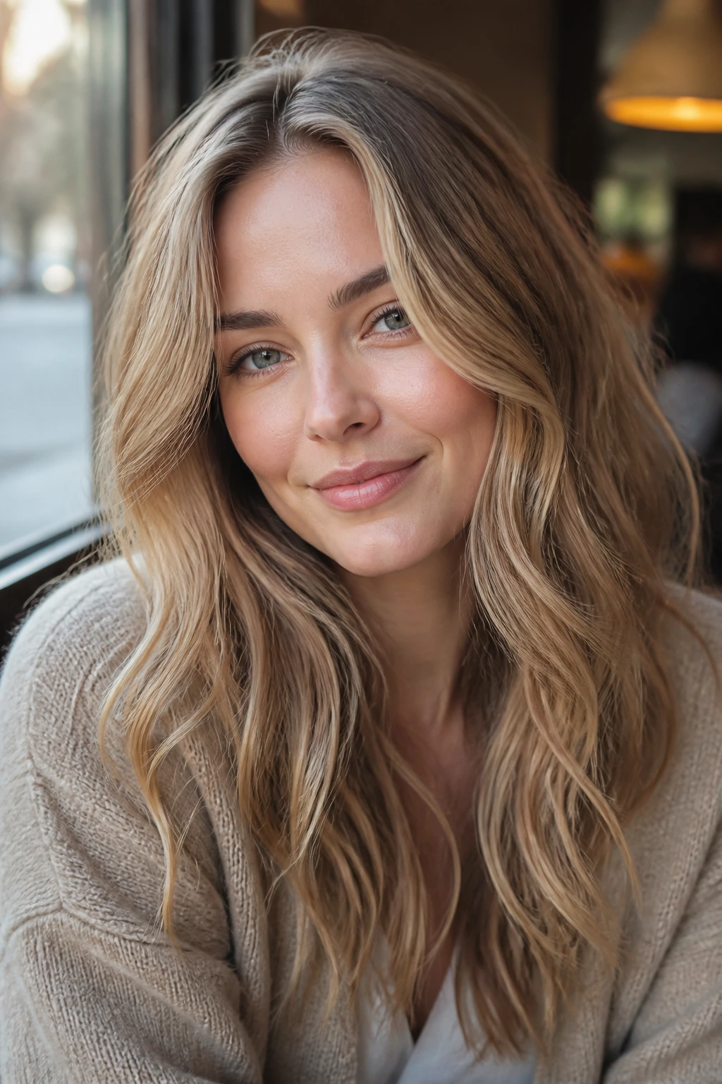 Close-up portrait of a real woman with sandy beige blonde hair and soft waves