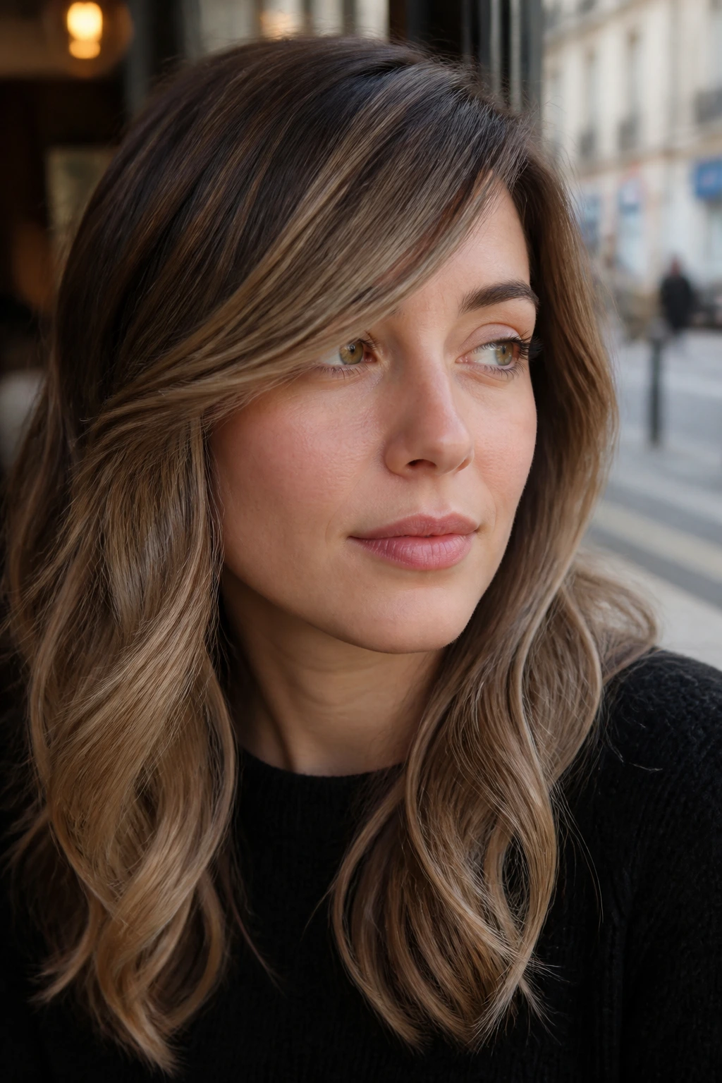 Close-up of brunette with sandy beige near the face on side-swept bangs in natural window light