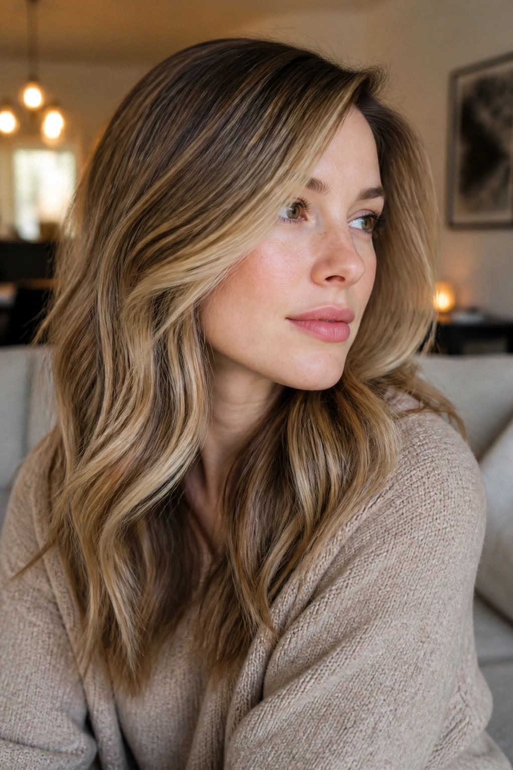 Real person with sandy beige contour highlights at cheekbone
