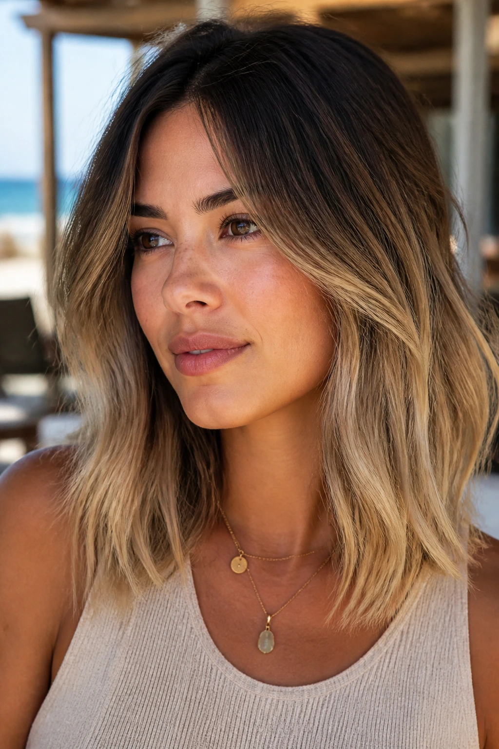 Close up portrait of a real woman with sandy beige ends and root smudge