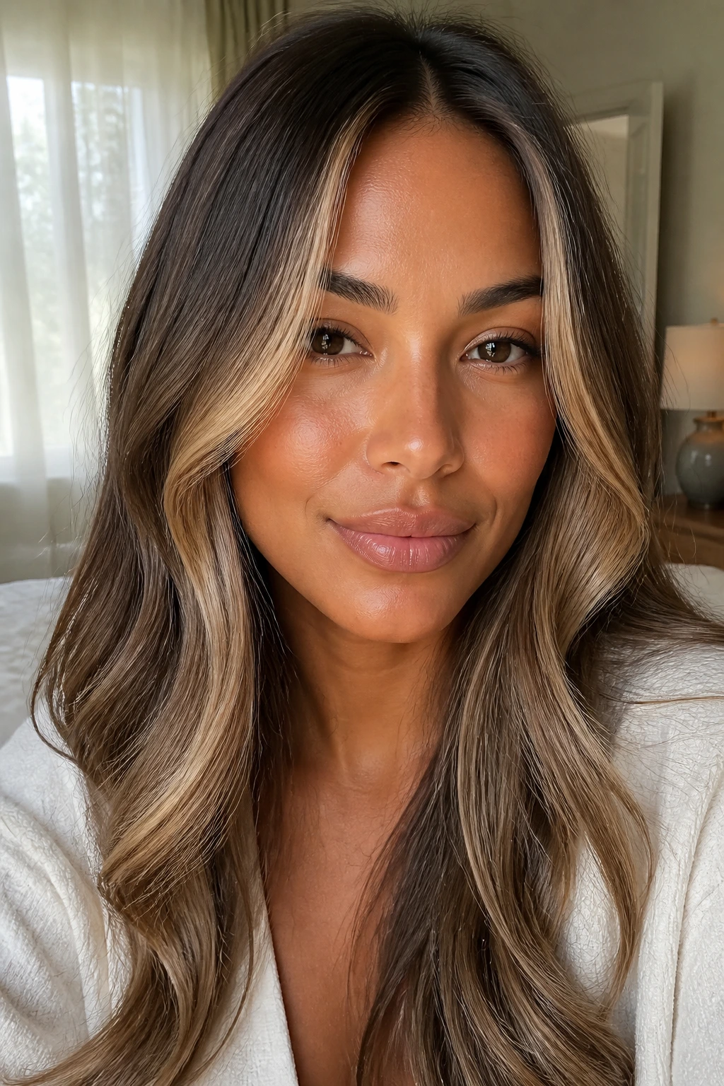Close-up of a tan-skinned woman with sandy beige face frame hair framing the face.