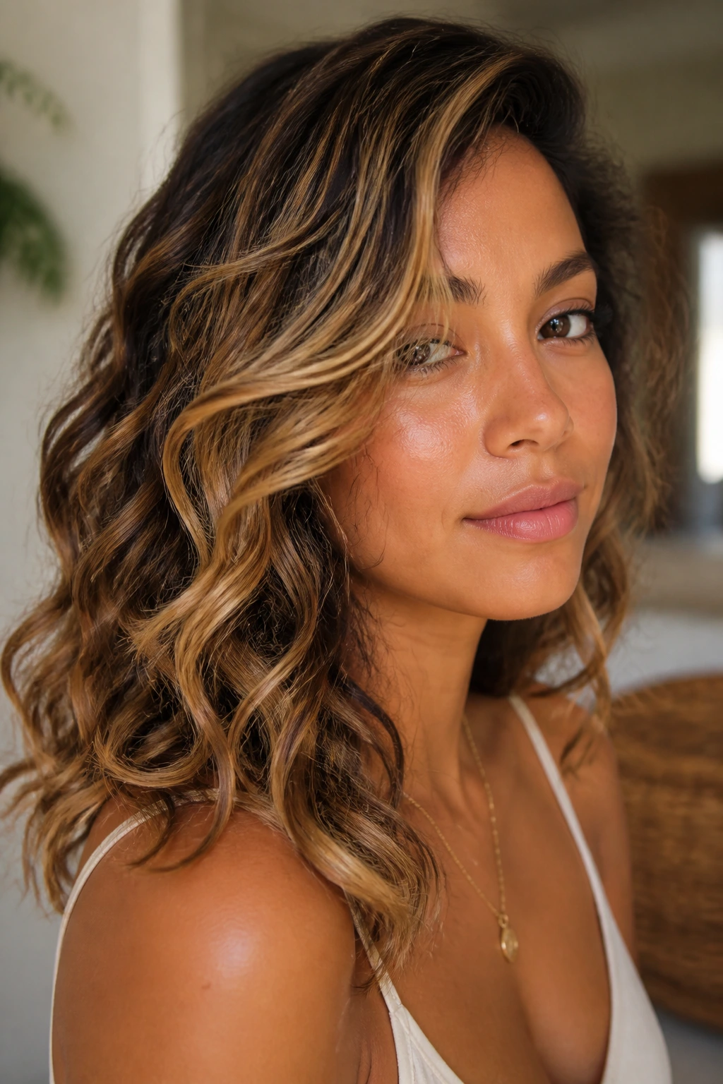 Close-up of a real woman with sandy beige highlights on soft curls