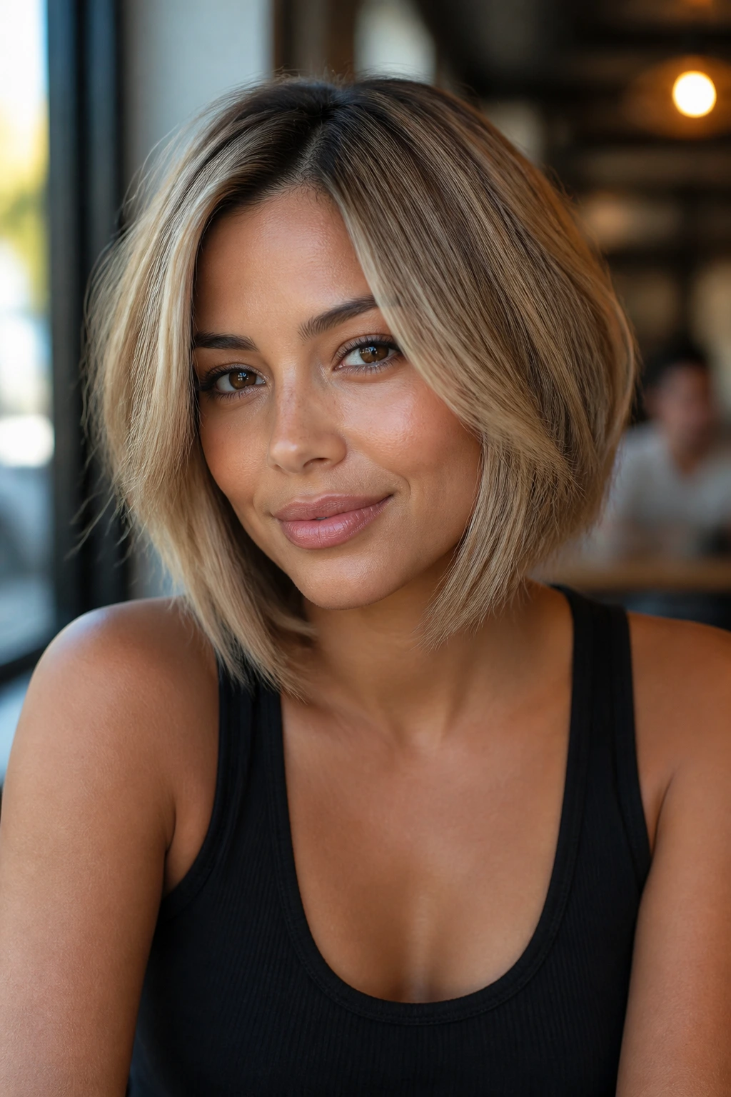 Close-up of a real woman with sandy beige layered bob in sunlit cafe
