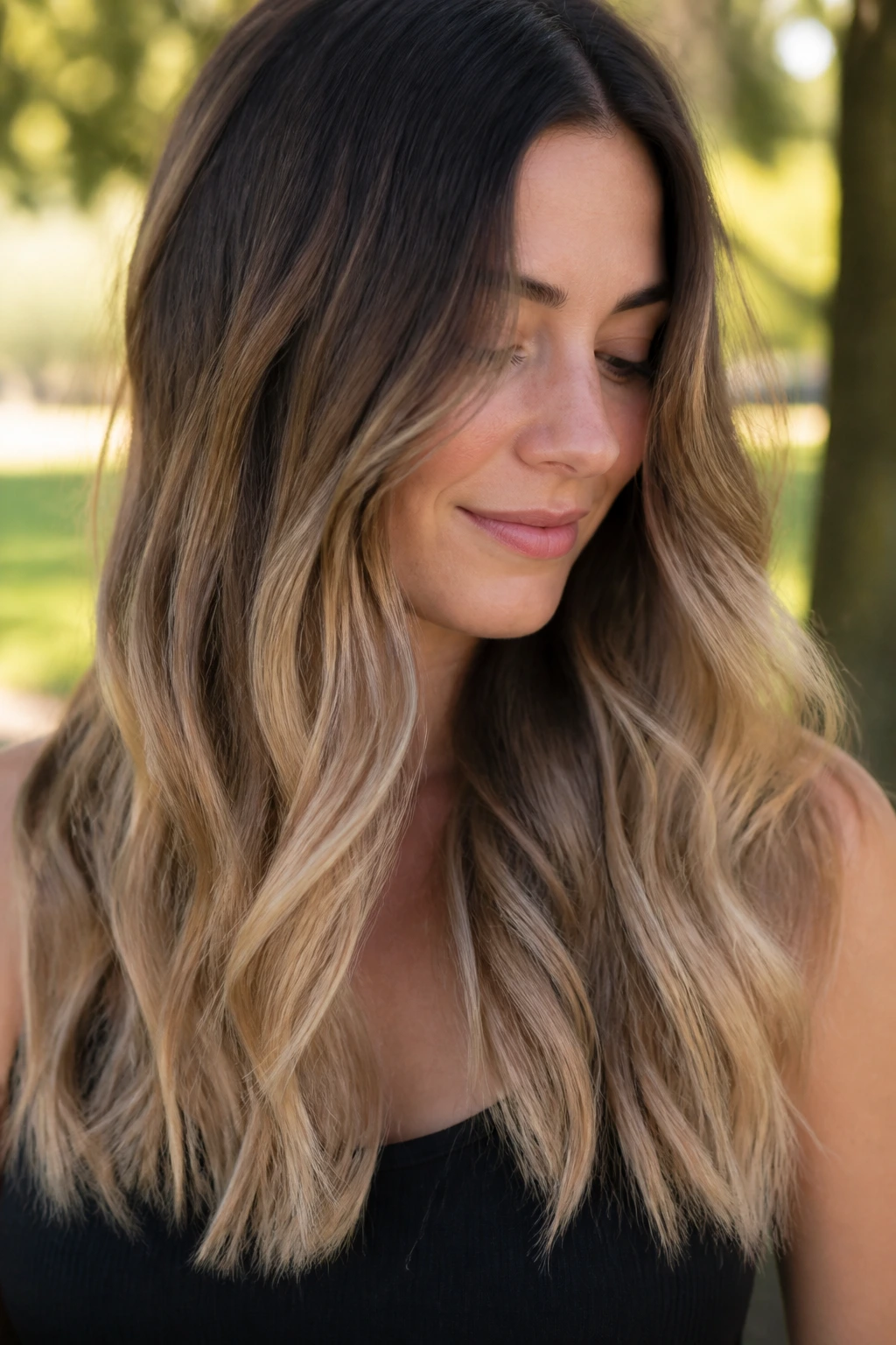 Close-up portrait of a real woman with sandy beige ombre from roots to ends