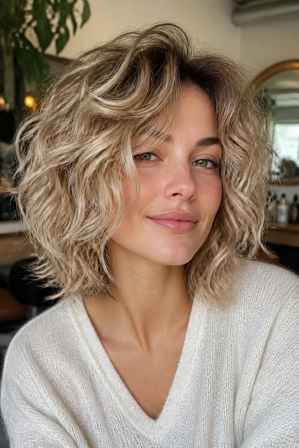 Real person with mid-length shag curls in sandy beige blonde