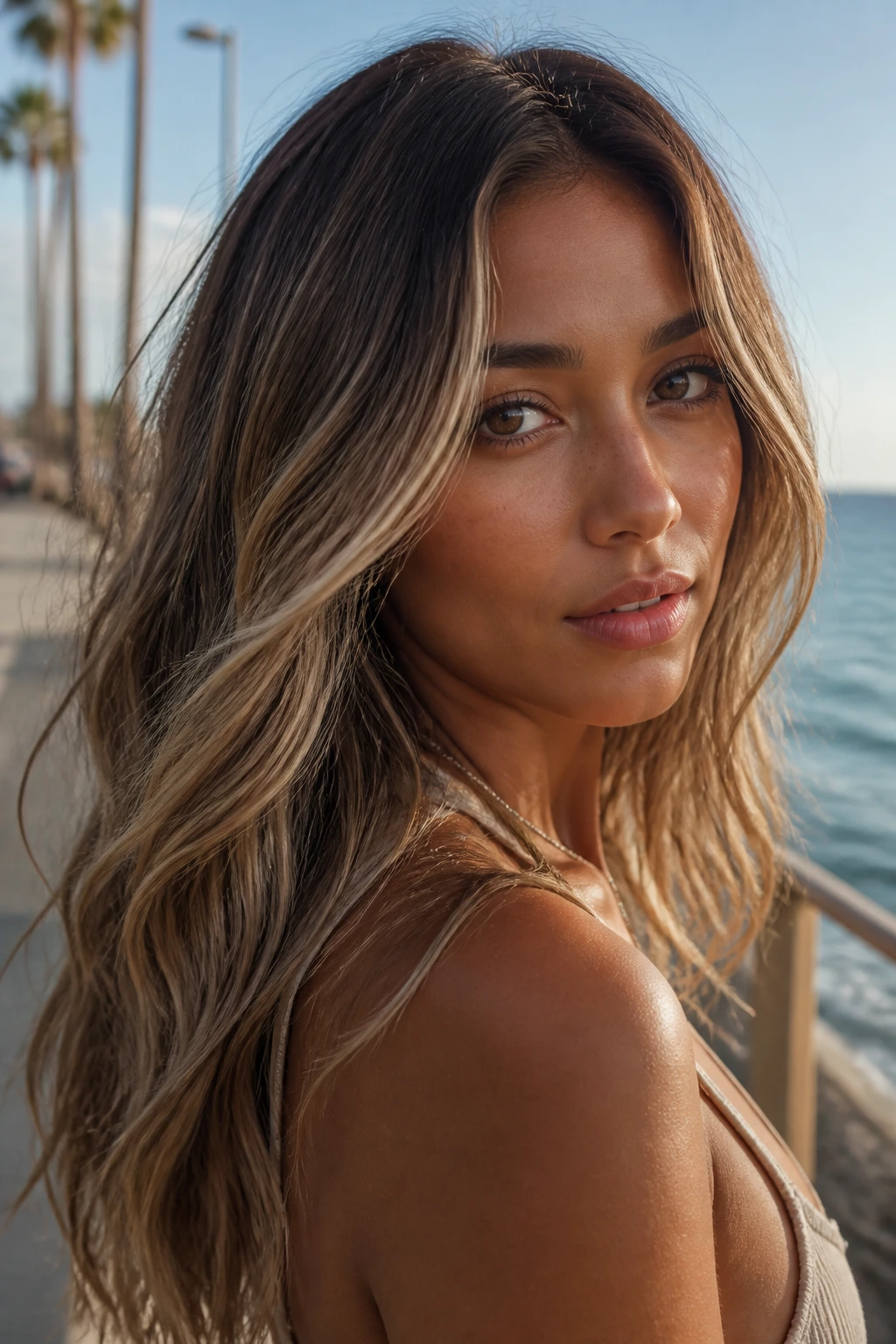 Real woman with sandy beige sun-fade front framing hair.