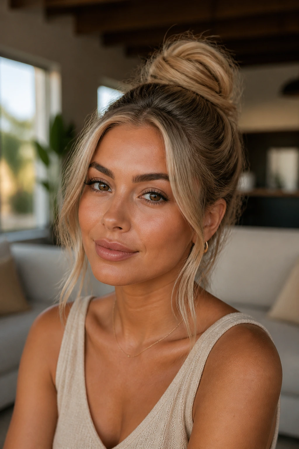 Close-up portrait of a real woman with a sandy beige top knot and tendrils