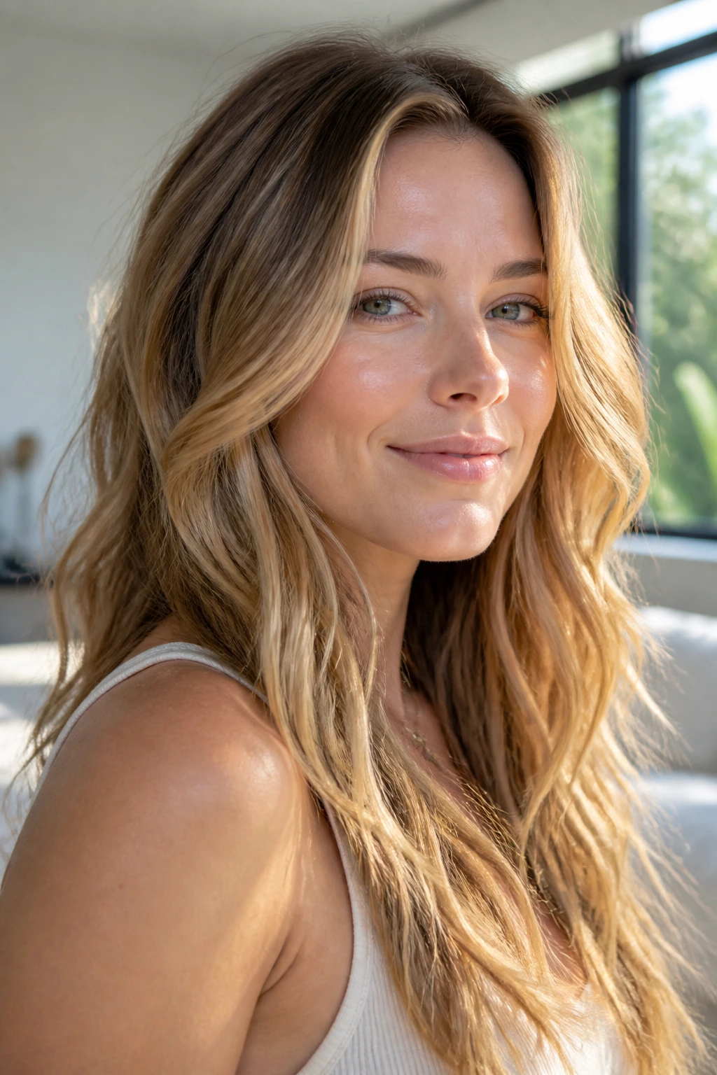 Close-up portrait with sandy highlights on a dark blonde base