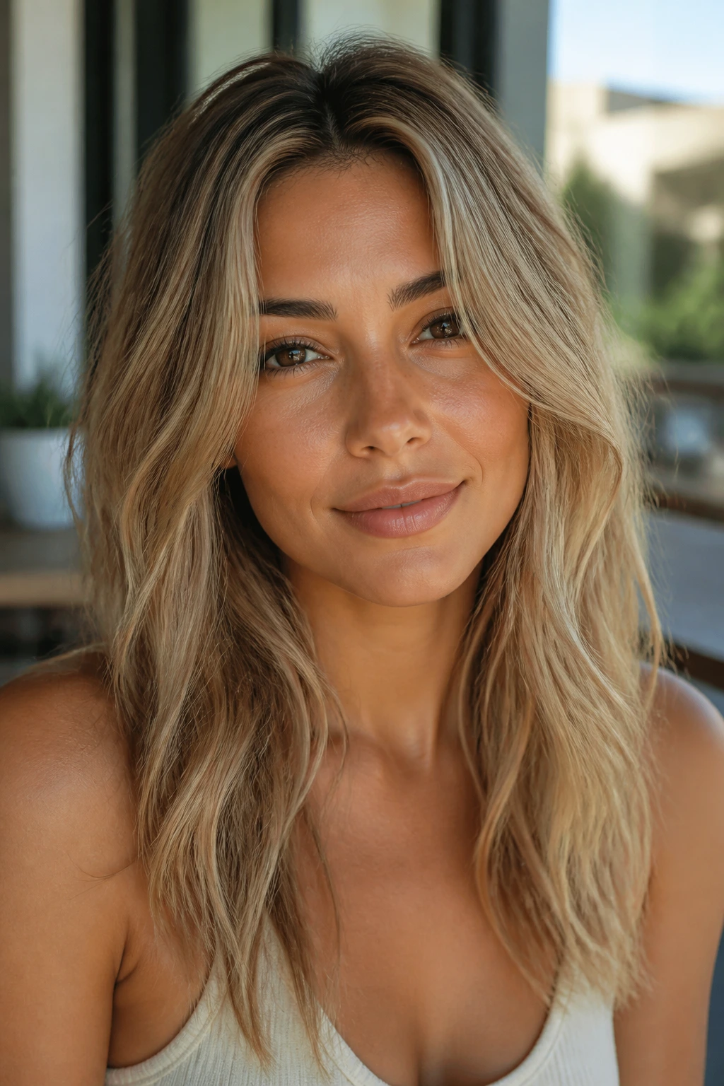 Close-up portrait of a woman with medium skin and sandy blonde hair