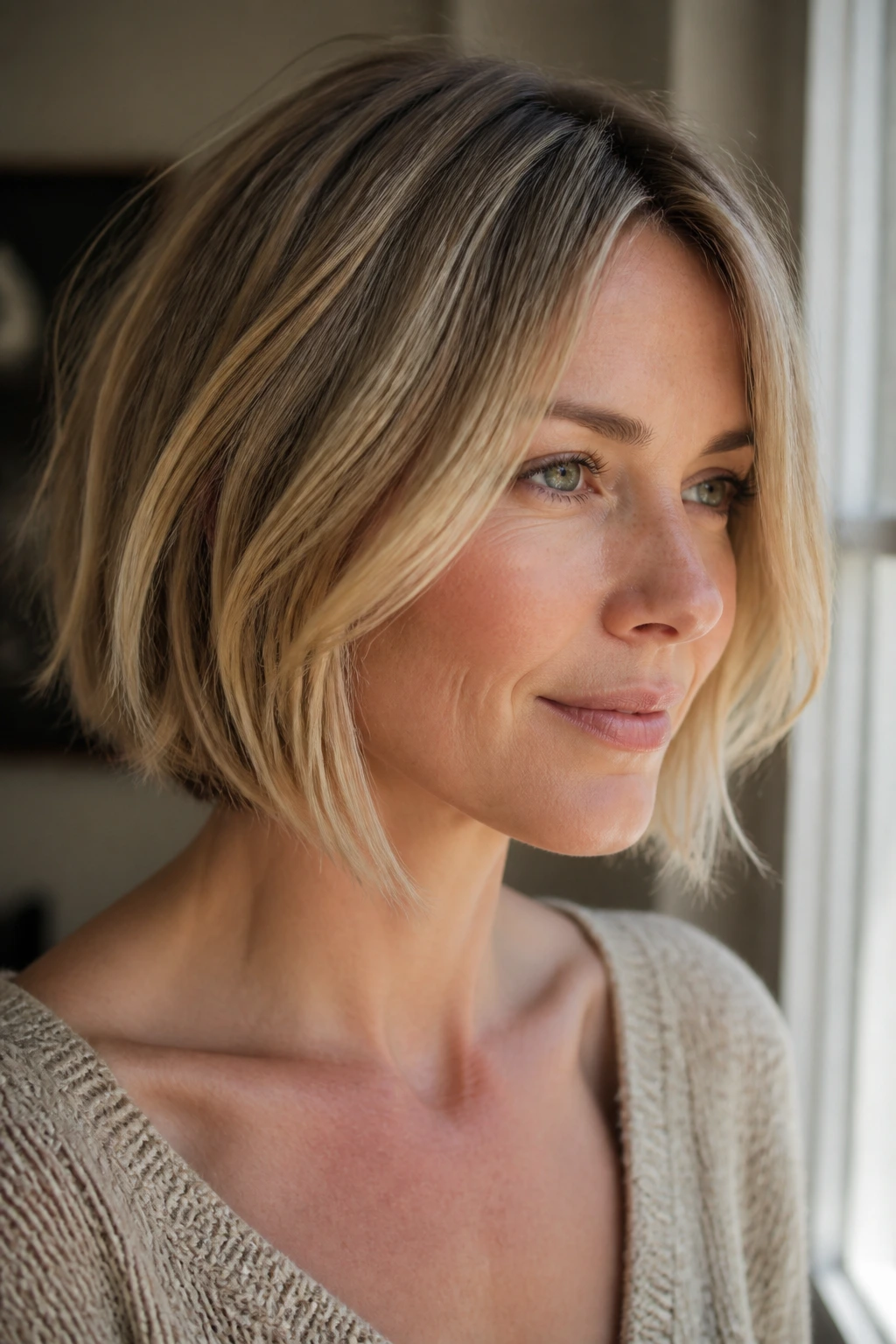 Close-up of a real woman with sandy blonde bob and lived-in lowlights