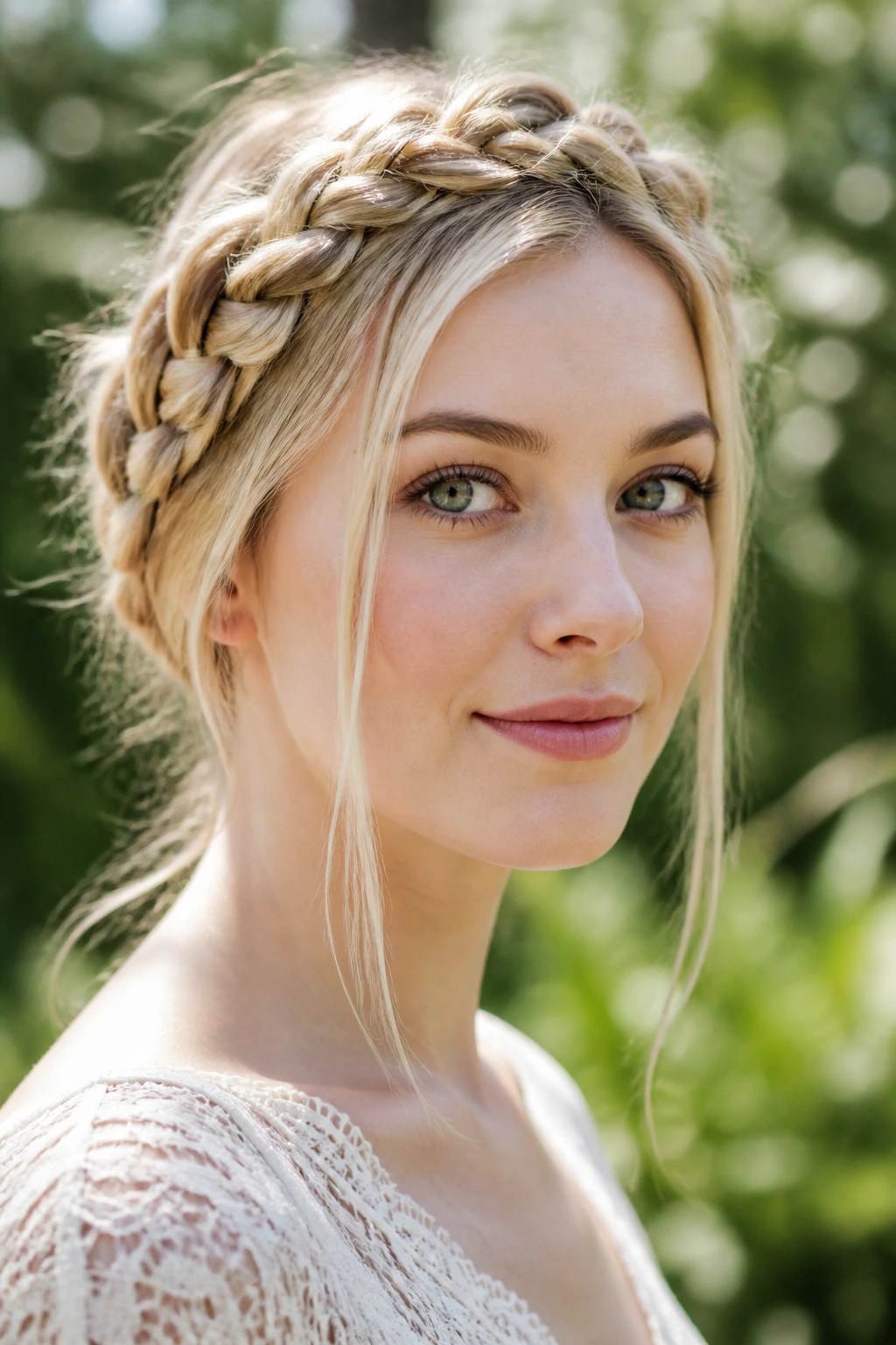 Close-up of a real woman with a sandy blonde braided crown