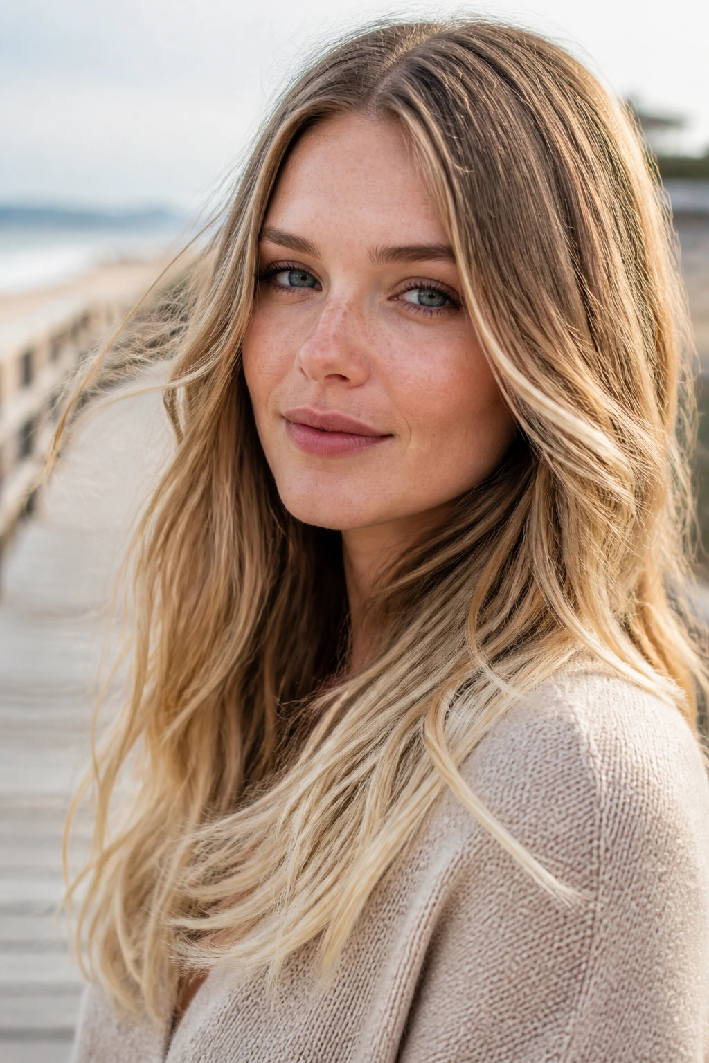 Close-up portrait of a woman with sandy hair and buttercream ends in seaside daylight