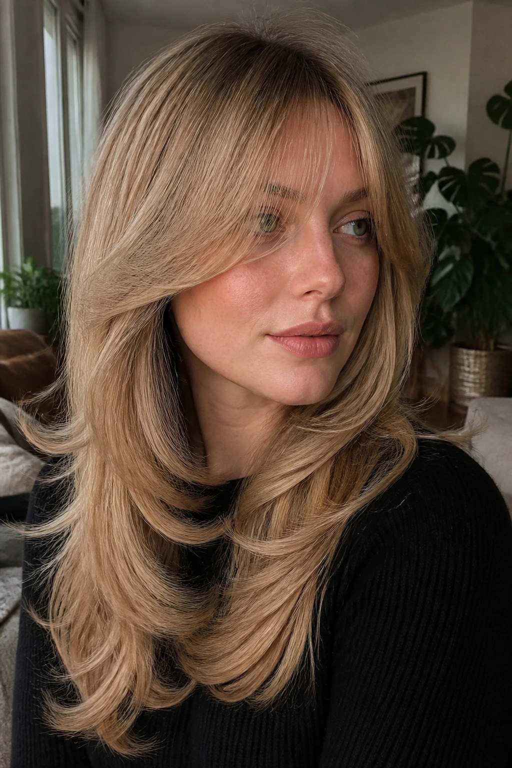 Real woman with sandy butterfly cut and curtain fringe in natural light