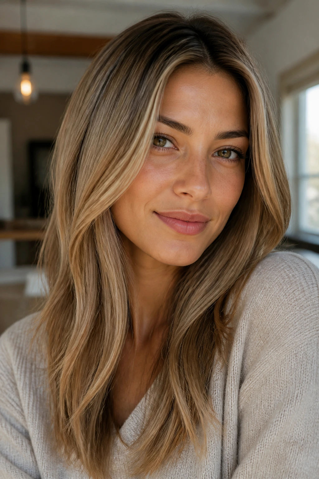 Close-up portrait of a person with sandy blonde hair with caramel lowlights on olive skin.