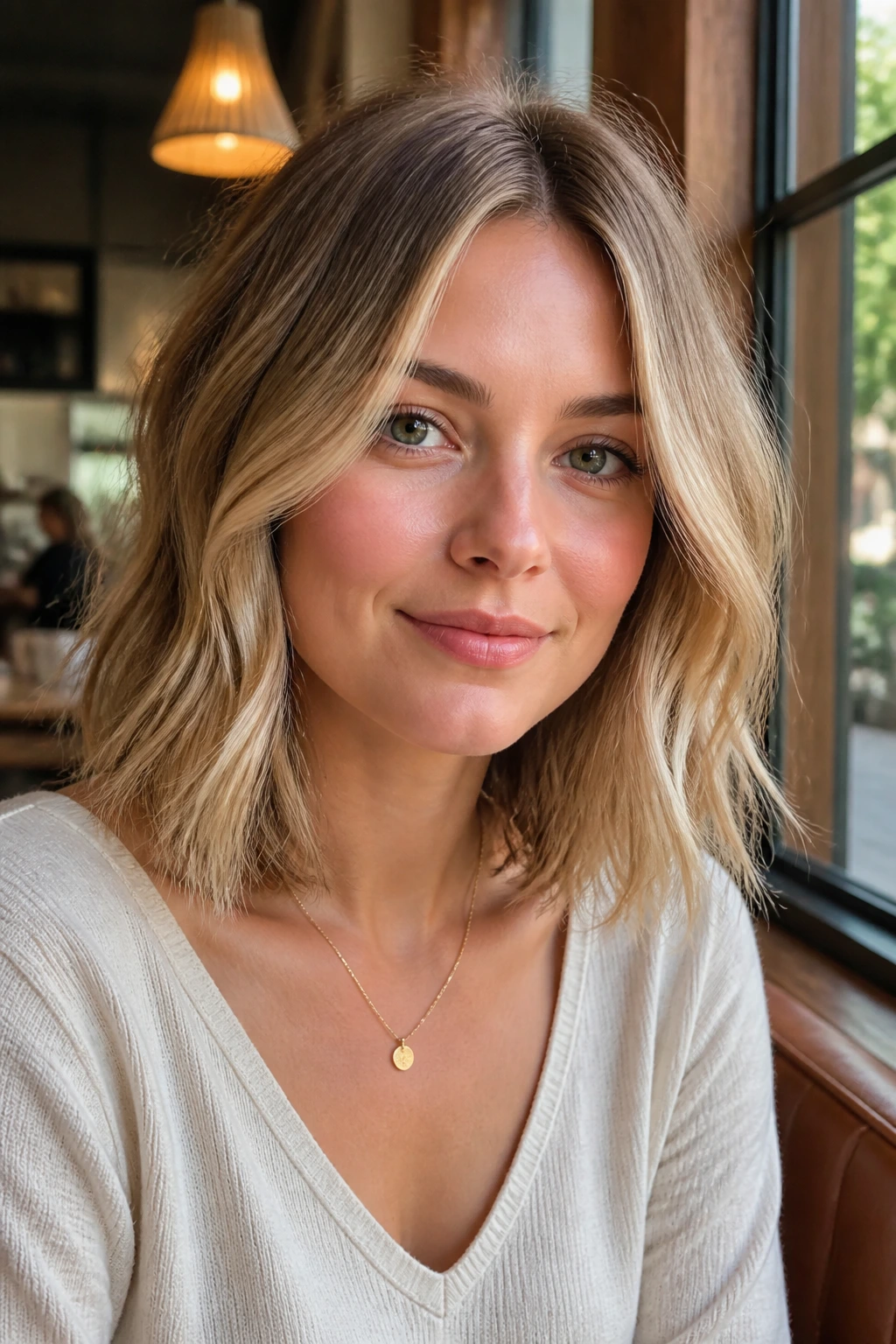 Portrait of a woman with sandy blonde collarbone-length cut.
