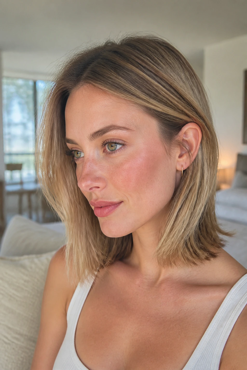 Close-up of real woman with sandy blonde collarbone-length hair tucked behind ear