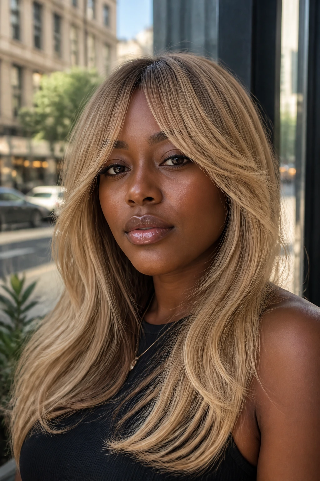 Real woman wearing sandy blonde curtain bangs.