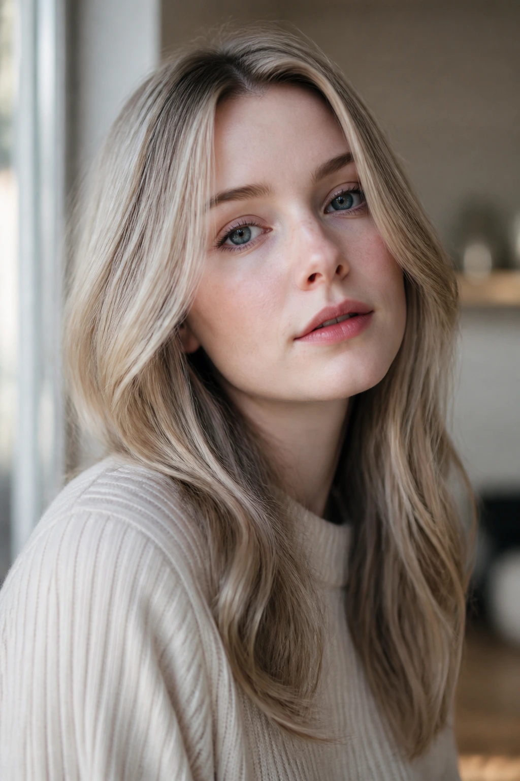 Real woman with sandy blonde hair against pale skin portrait