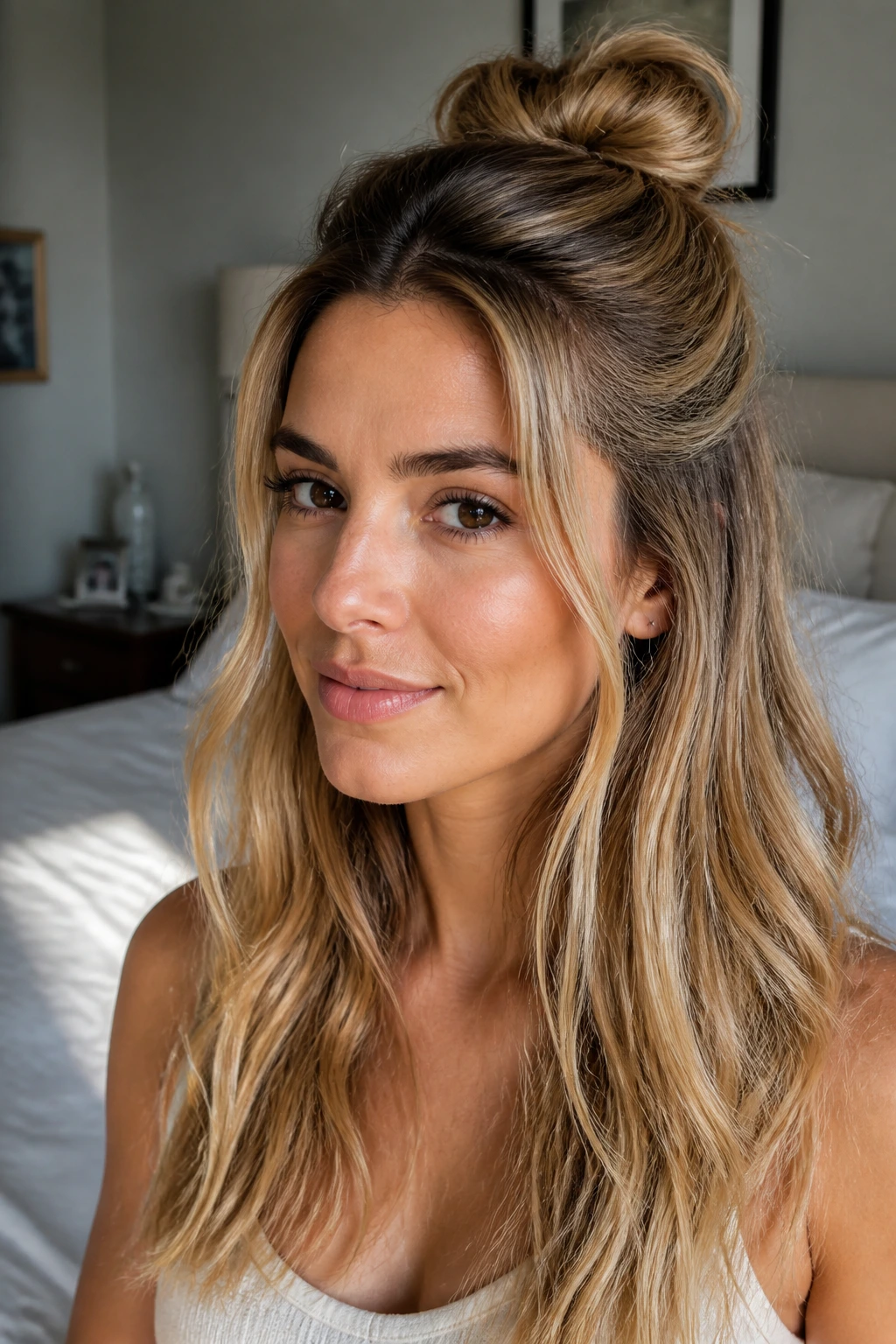 Close-up of a real woman with sandy blonde half-up knot, warm skin tone and soft morning light.