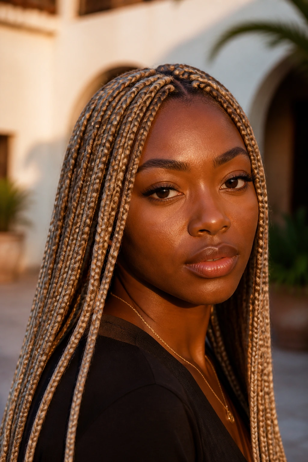 Close-up portrait of a real woman with sandy blonde knotless braids, deep skin tone, golden hour light