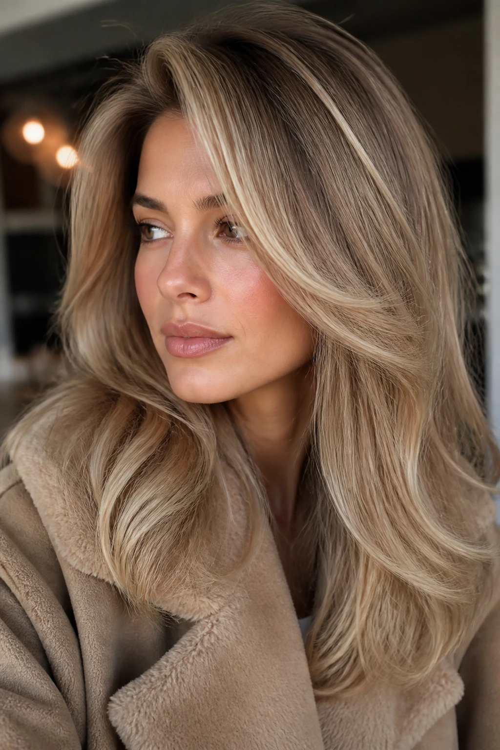 Close-up of a real woman with sandy blonde blowout layers