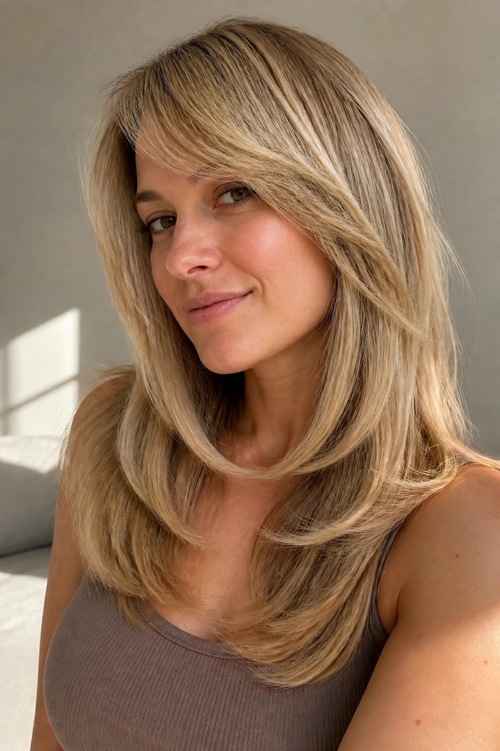 Close-up of a real woman with sandy blonde layered hair and a fluffy side-swept bang.