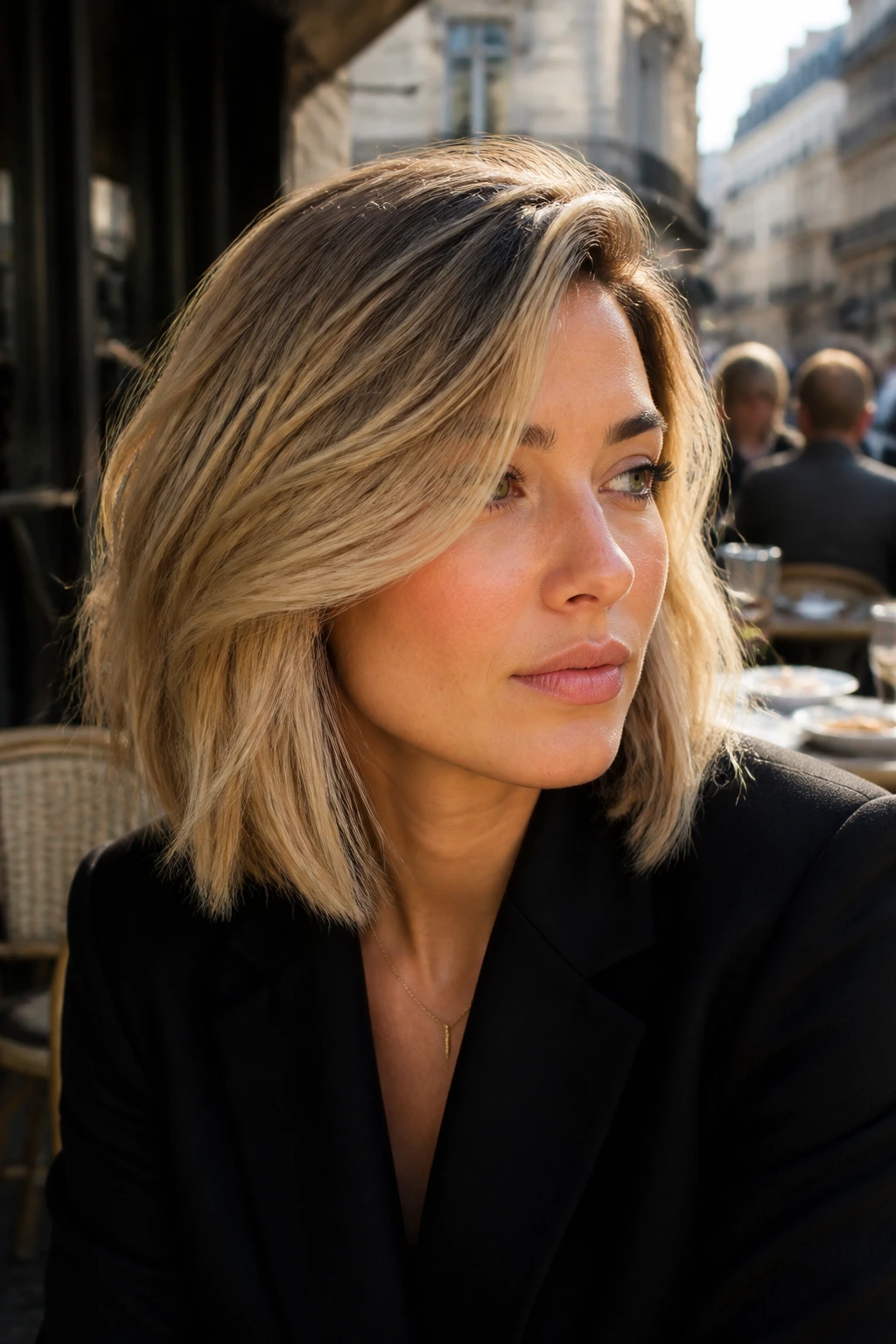 Shoulder-length lob with sandy blonde side-part in a sunny street cafe