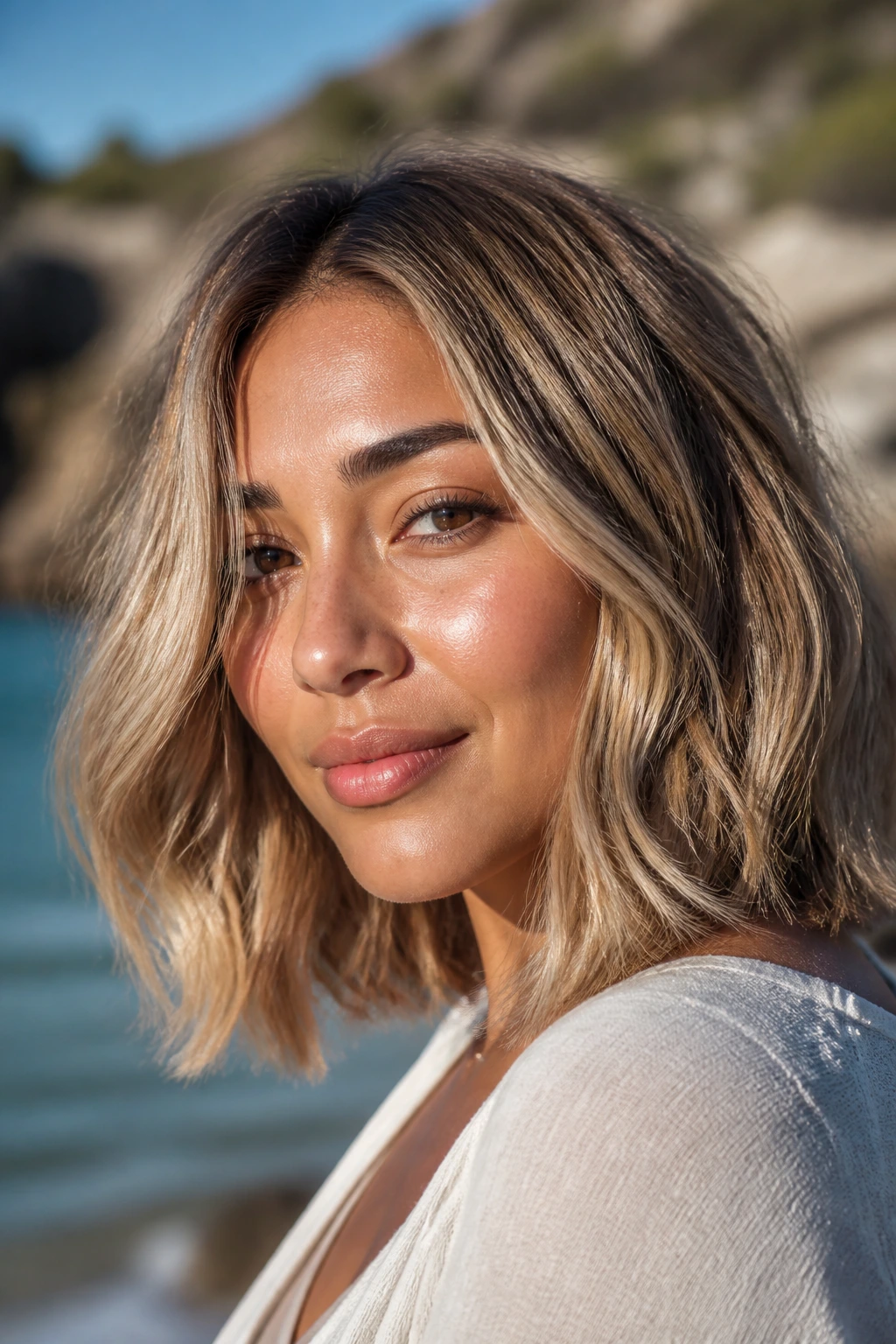 Portrait of a real person with sandy blonde lob in sunlit setting