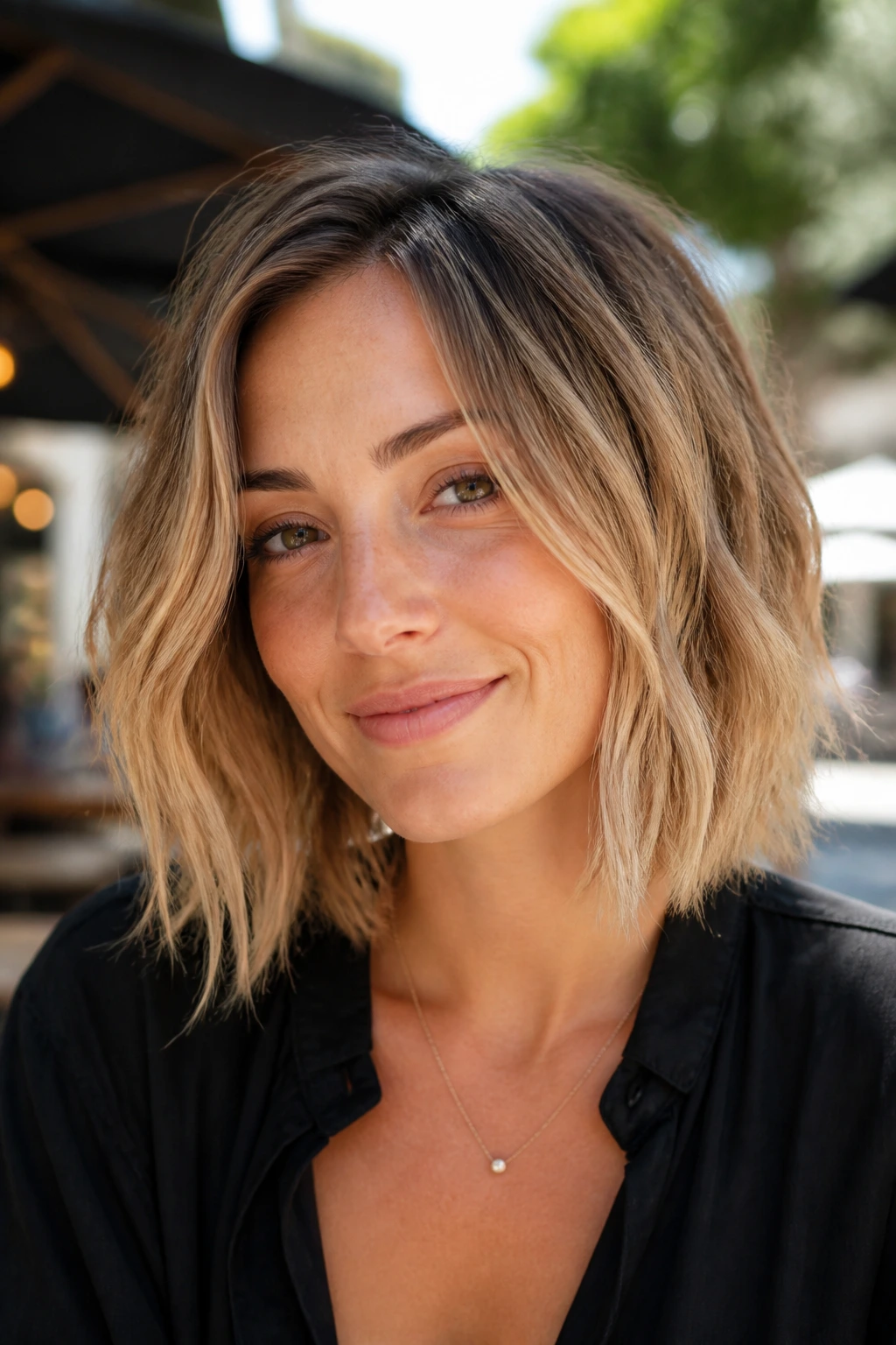 Close-up of real woman with sandy blonde lob and choppy ends.