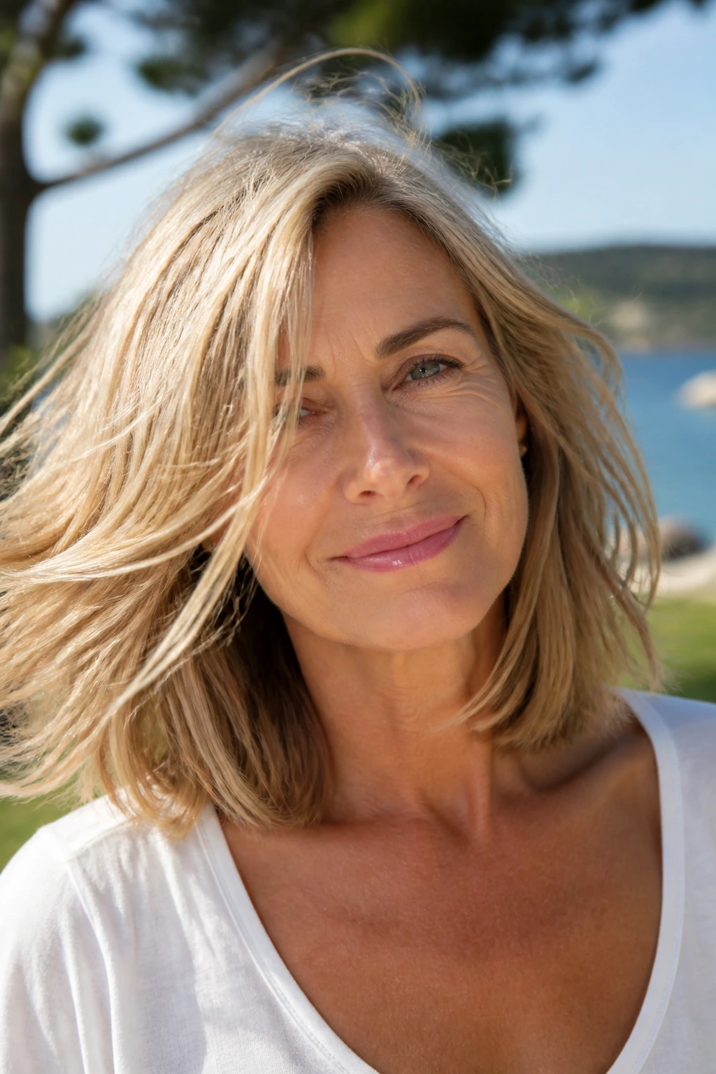 Close-up portrait of a woman with sandy blonde lob and breezy movement in natural sunlight.
