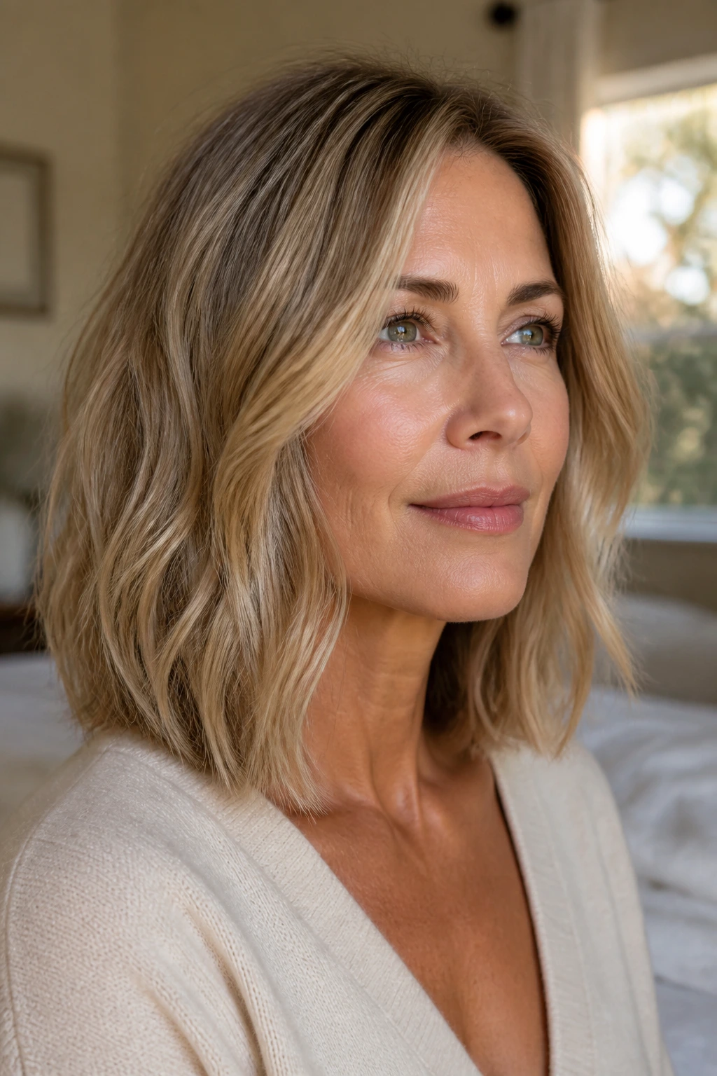 Close-up of a real woman with a sandy blonde lob, sun-faded beige-blonde tones.