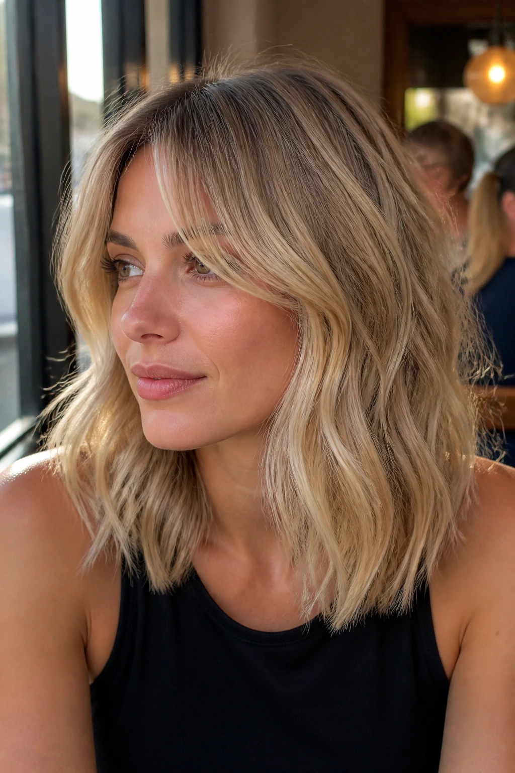 Real woman with sandy blonde lob and loose waves framing face