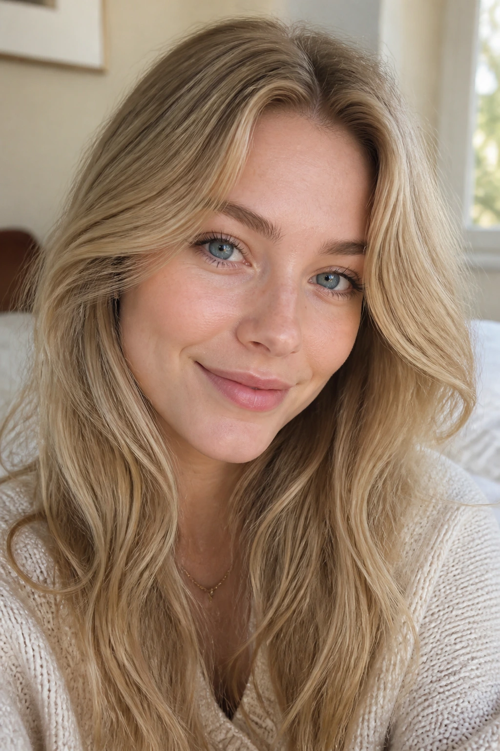 Close-up of pale-skinned woman with sandy beige-blonde hair in soft window light